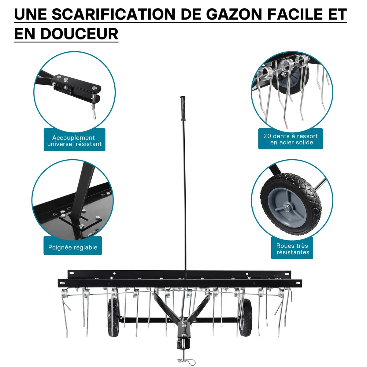 Wiltec Scarificateur Trainé Largeur de Travail 100cm Ressorts en Acier 16,5 cm Hauteur réglable 18 et 22 cm Scarificateur Poids 15 Kg Pelouse pour Tracteur Tondeuse Roues en Caoutchouc ATV