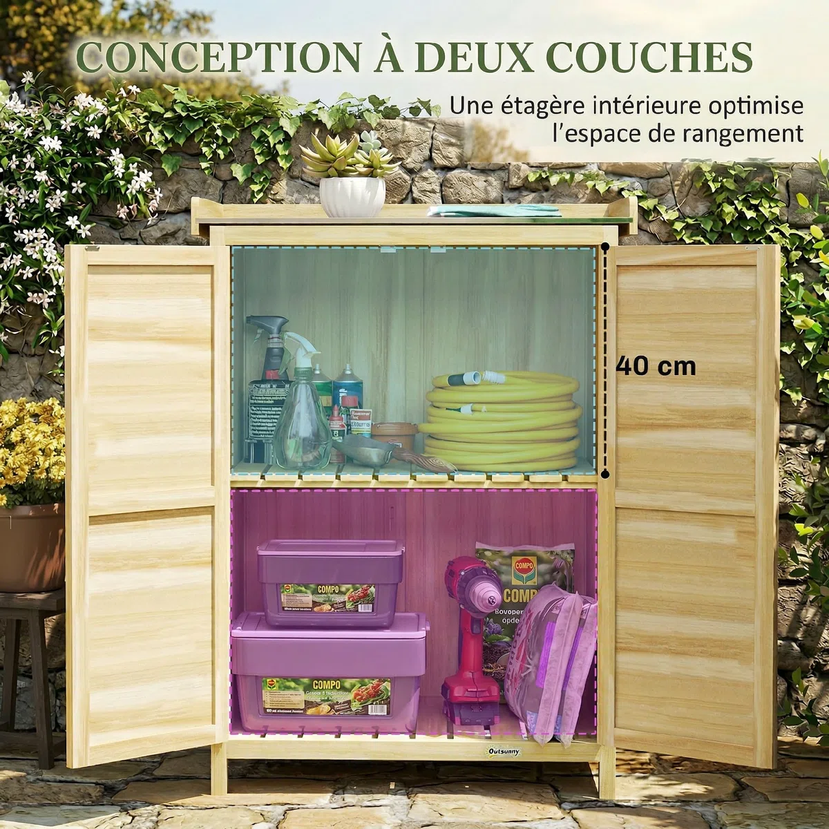 Outsunny Armoire de Jardin en Bois, Armoire extérieure de Rangement avec étagère et Crochets, Plan de Travail en métal galvanisé, Table de rempotage pour Balcon et terrasse 71,5x39x95 cm Bois Naturel