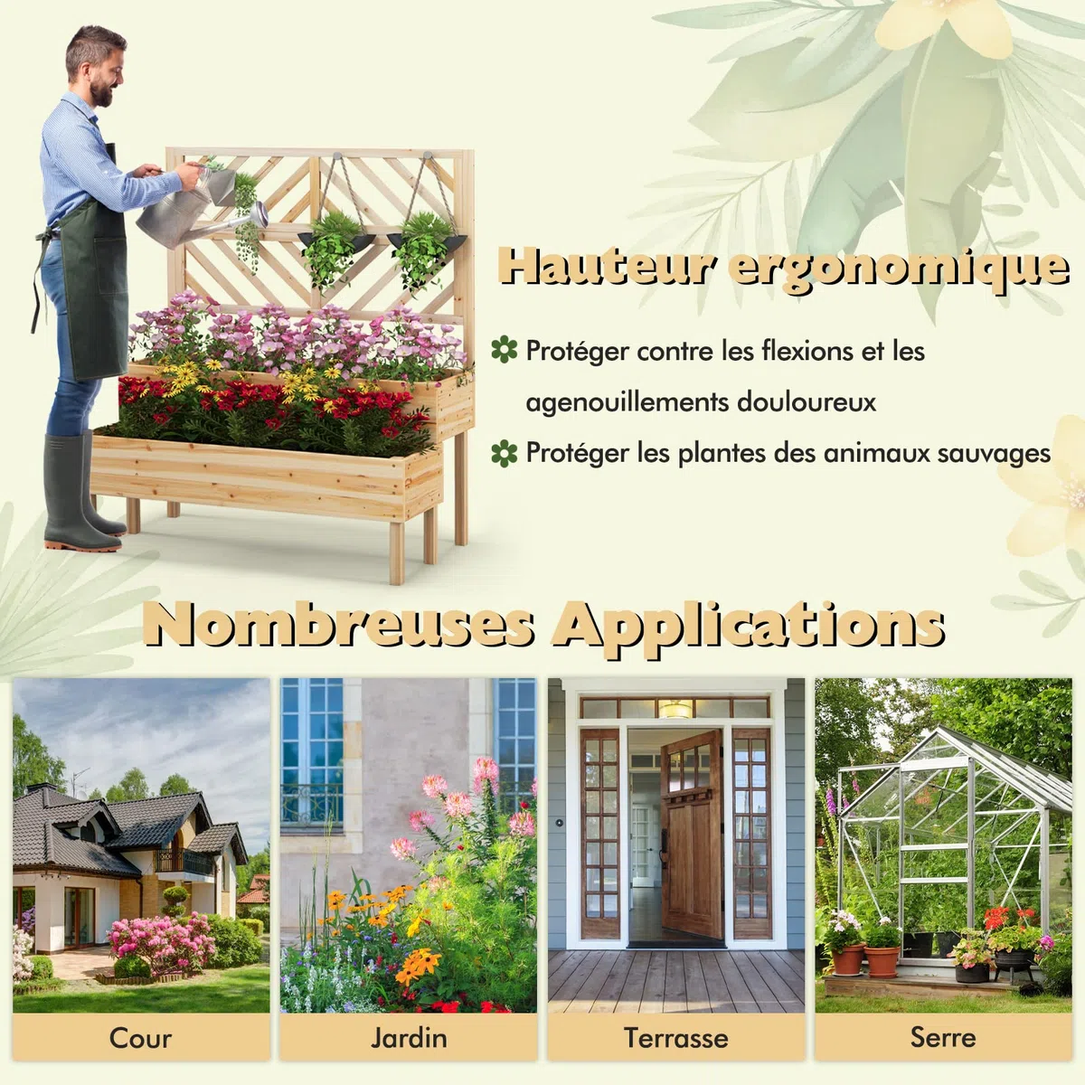 GOPLUS 2 en 1 Jardinière Surélevée avec Treillis en Bois à 2 Niveaux pour Vigne, Bac à Fleurs avec Trou de Drainage pour Légumes, Fruits, Herbes, Fleurs, pour Patio, Balcon, Terrasse