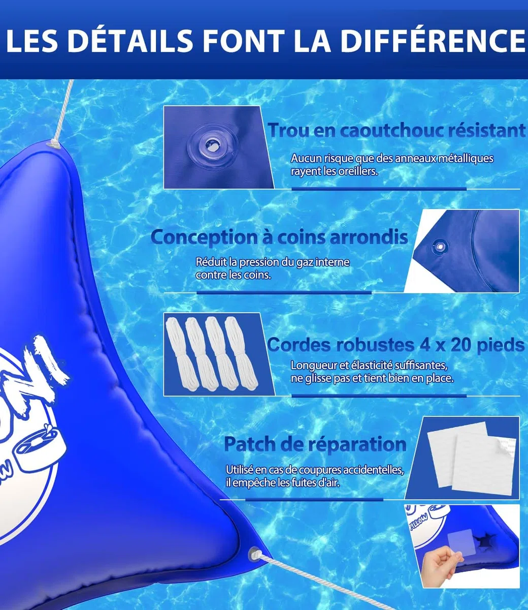 Angooni Coussin de piscine d'hiver XXL 200 x 240 cm | Coussin d'air pour piscine avec double couture pour couverture de piscine | Coussin de piscine pour l'hiver | Avec valve Boston double inflation |