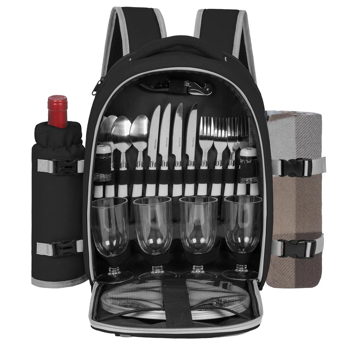 Sac à Dos de Pique-Nique pour 4 Personnes avec Compartiment Réfrigérants Isolés et Étanches, 30 Pièces Sac de Pique-Nique avec Ensemble et Couverture, pour Plage, Camping, Randonnée (Noir)