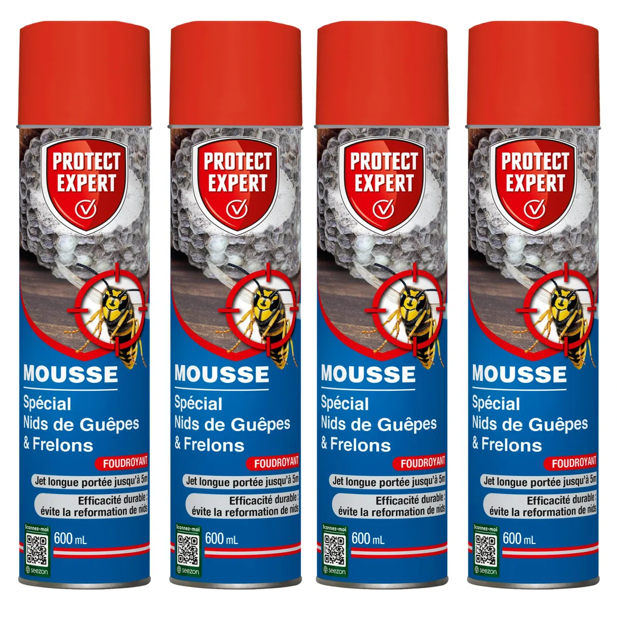 PROTECT EXPERT 4 Aérosols Anti-Guêpes & Frelons - Mousse - 4x600ml | Jet Longue Portée - Traitement à Distance - Pulvérisation Jusqu'à 3m - Action Choc & Foudroyante - GUEPMOUS600NX4