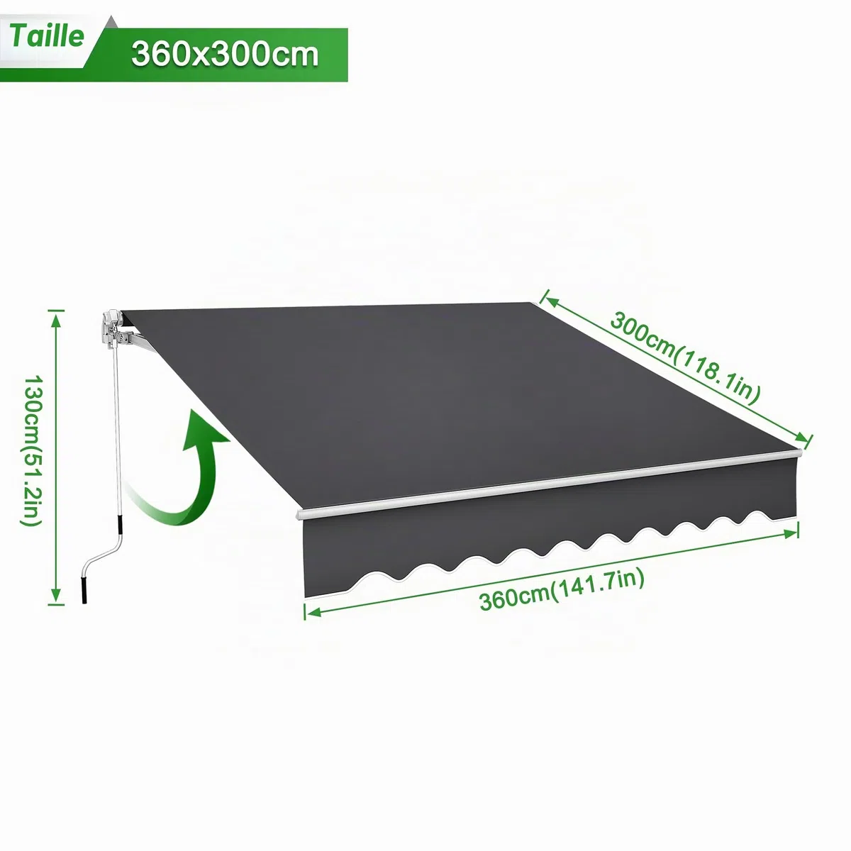 UISEBRT Store de balcon - 300 cm de large - En aluminium - Protection solaire - Avec manivelle - Étanche - Gris foncé (360 x 300 cm)