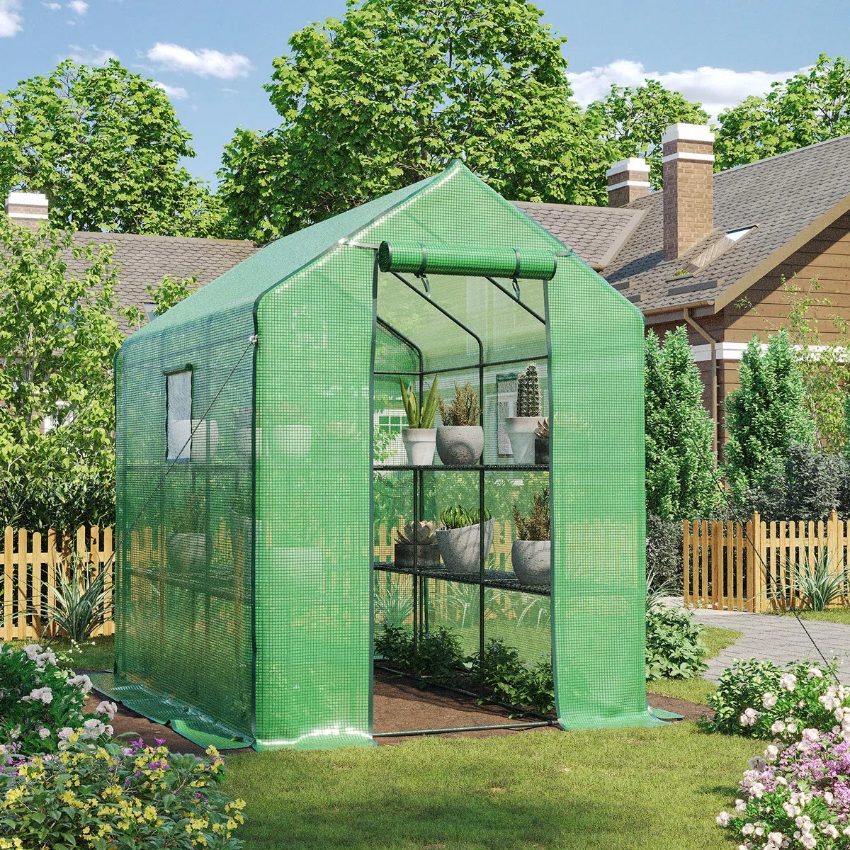 LARMNEE Serre de Jardin avec Étagères, Fenêtre, Ancre, Abri pour Plantes, Serre à Tomates Plastique, Anti-UV, 145 x 212 x 198 cm, pour tomates, Plante, Plante, légumes, Extérieur, Vert EGN13GH02G1
