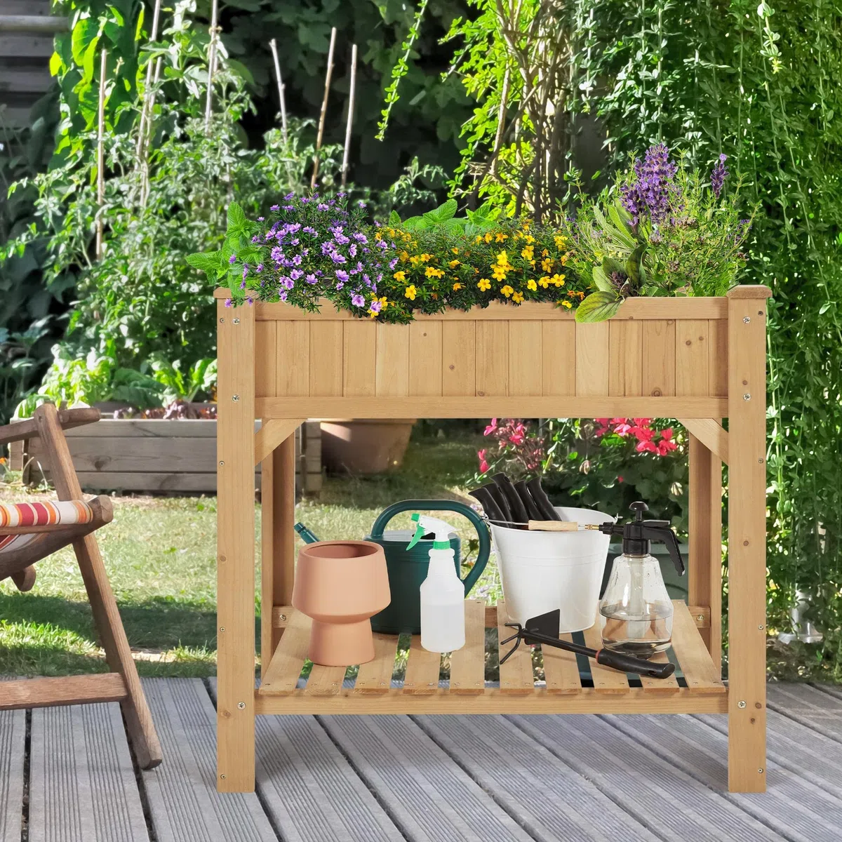 Yaheetech Carré Potager sur Pied Exterieur Table de Rempotage Jardinière Surélevée Carré à Plantes en Bois Trous de Drainage pour Légumes ou Fleurs dans Balcon/Jardin