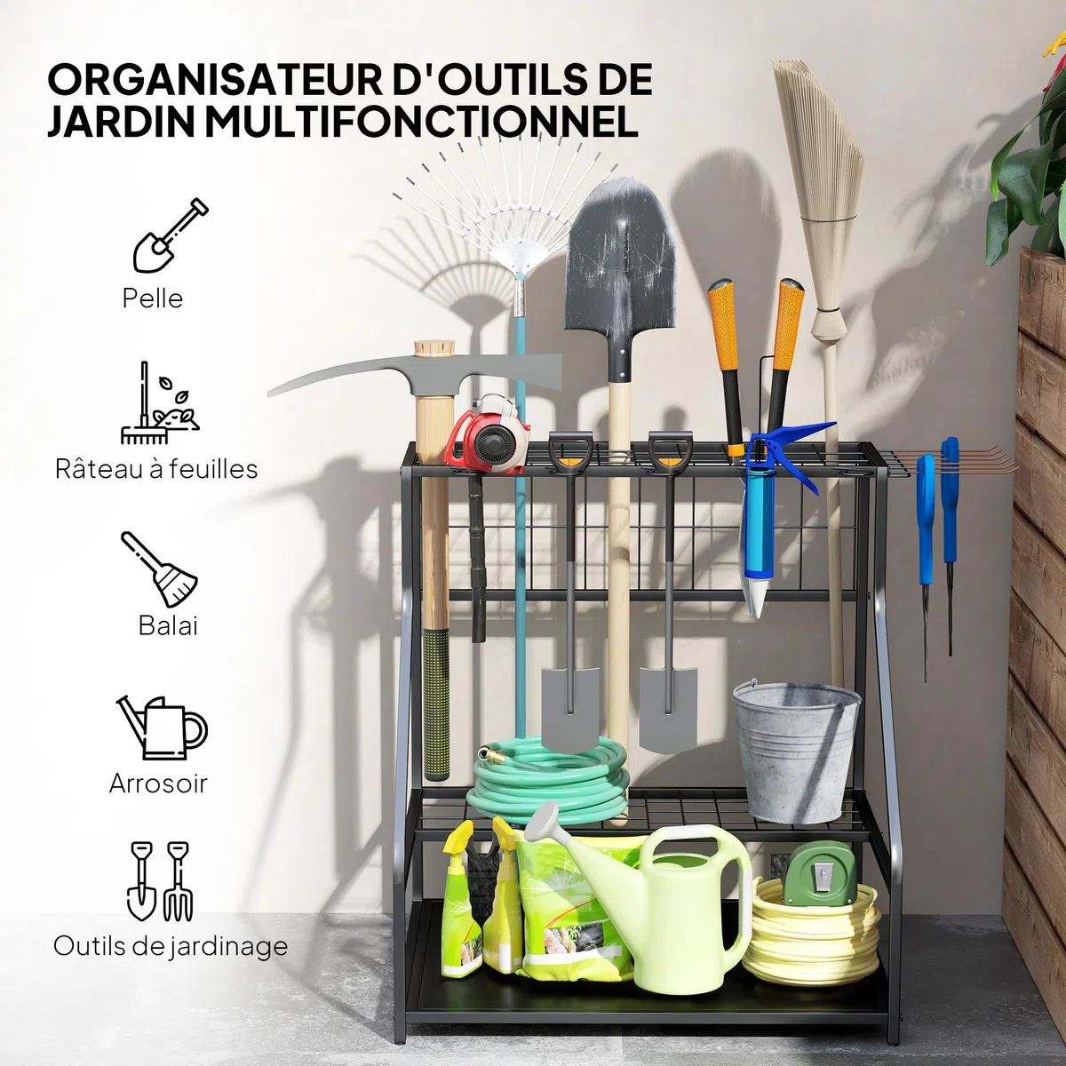 Outsunny Organiseur d'Outils avec Crochets, Support de Garage à 3 Niveaux pour Sécateurs, Pelles, Râteaux, Jardin et Garage Orange