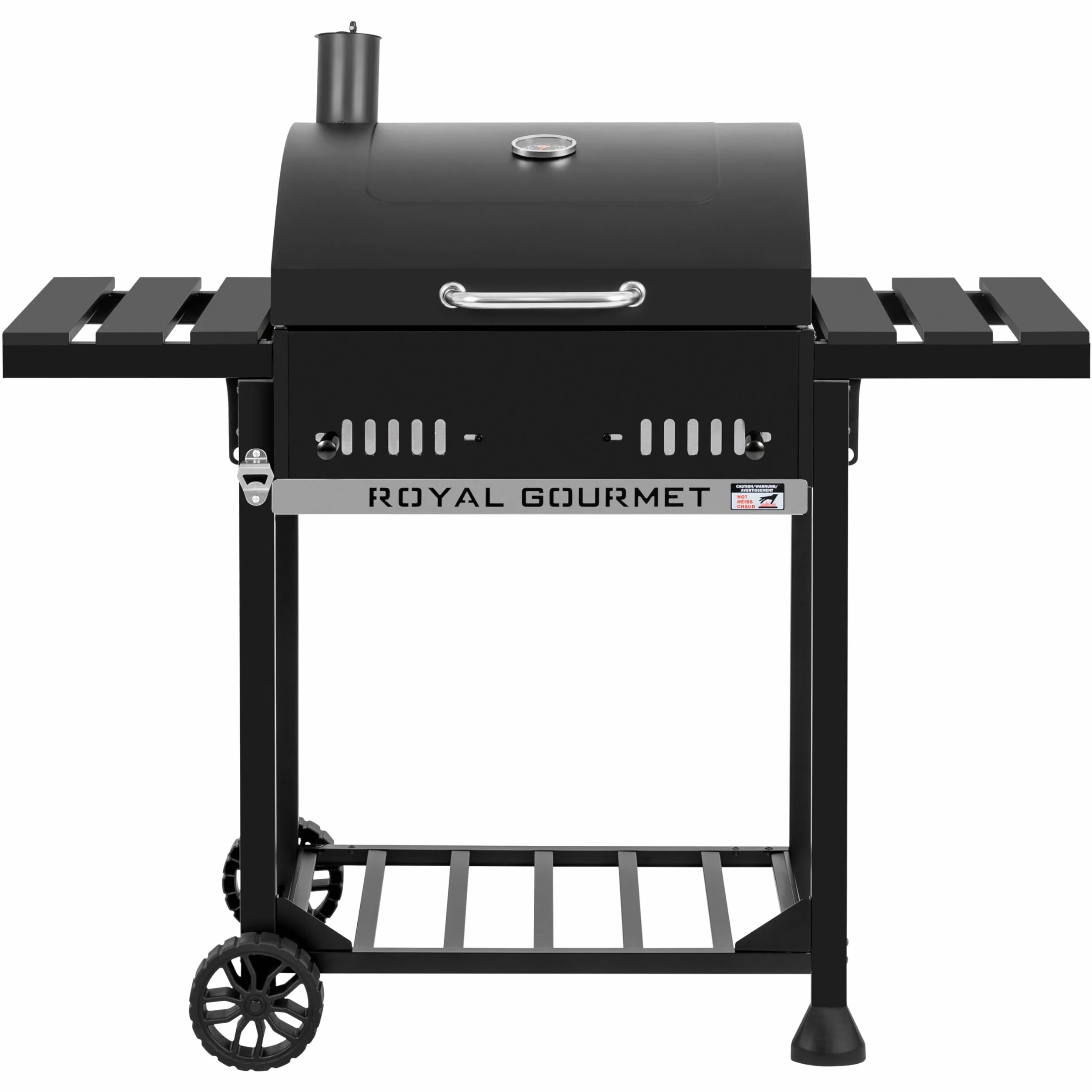 Royal Gourmet Barbecue au charbon de bois avec étagères latérales rabattables, fumoir sur pied avec décekl, thermomètre, barbecue à charbon noir