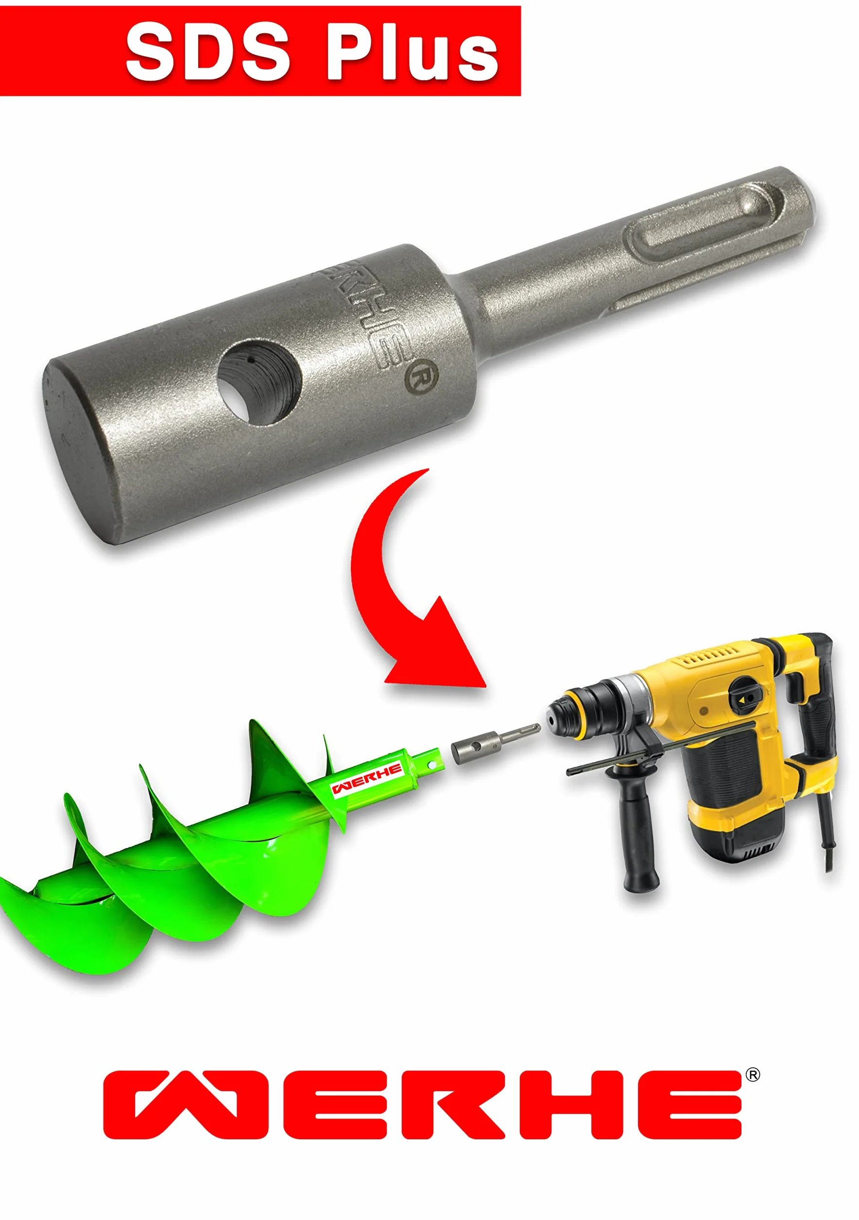Kit tarière WERHE Ø80mm, longueur 80cm avec adaptateur SDS Plus – Utilisable avec une perceuse SDS Plus standard, idéal pour la pose de clôtures et le jardin