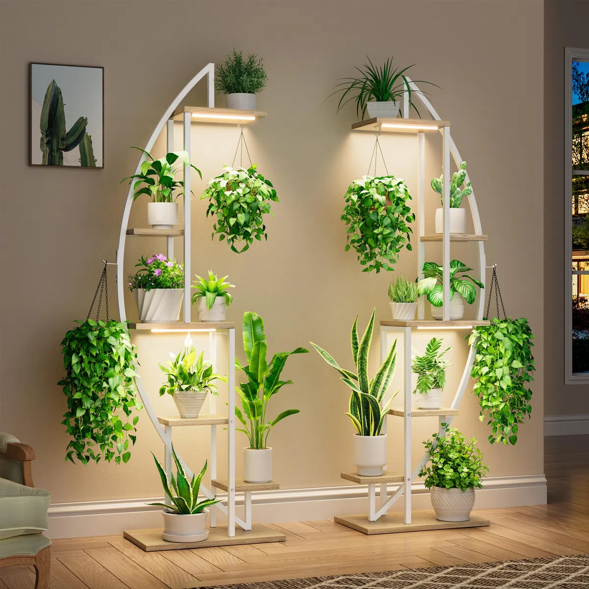 BACEKOLL Support pour plantes d'intérieur en métal Étagère haute à 6 niveaux Lampes de croissance Presentoir en demi-lune Support pour salon et terrasse - Blanc