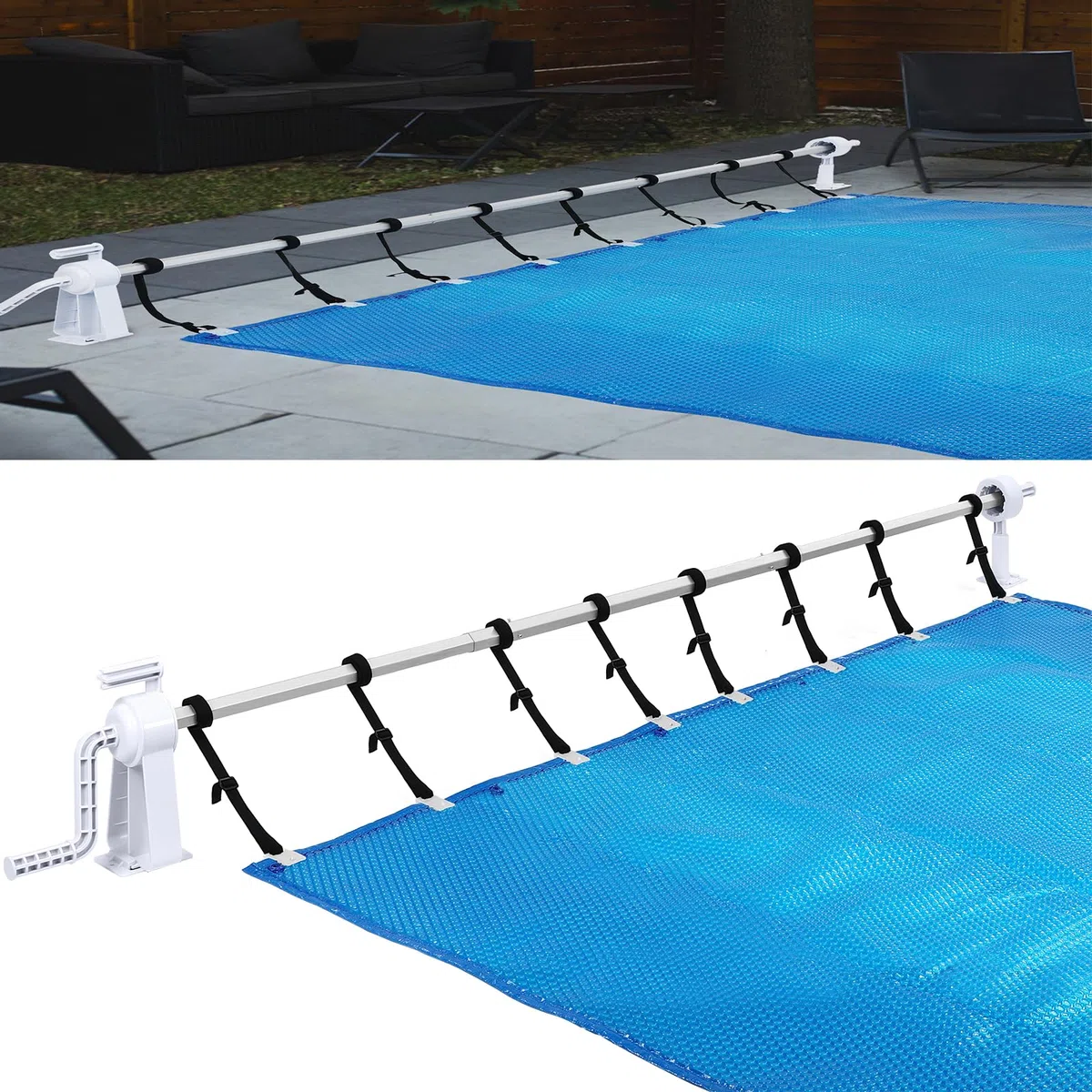 HENGMEI Système d'enroulement de piscine avec bandes de fixation pour films solaires, bâches de piscine et couvertures de 105 à 615 cm