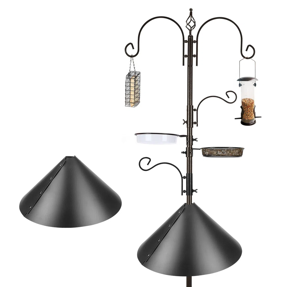 Kit de mangeoire à oiseaux de luxe - Mangeoire à oiseaux sauvages à suspendre avec poteau, mangeoire multiple, cage à graisse, support pour plantes et chicane anti-écureuil pour attirer les oiseaux