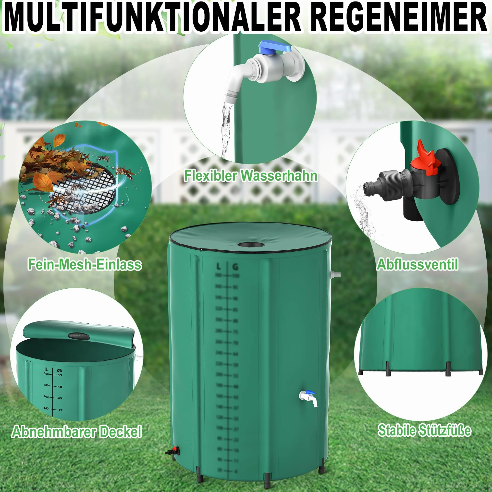 Froadp Récupérateur d'eau de pluie pliable de 380 l, avec couvercle et échelle, bâche mate, réservoir d'eau de pluie pour arrosage du jardin, bain de glace, avec valve de vidange, vert