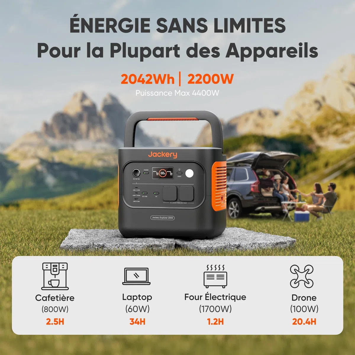 Jackery Explorer 2000v2 Générateur Électrique Portable, 2042Wh LiFePO4 Batterie, 2200W Grande Puissance (Max 4400W) Générateur Solaire, Charge Rapide de 0-80% en 52 Min pour Camping, RV, Urgence