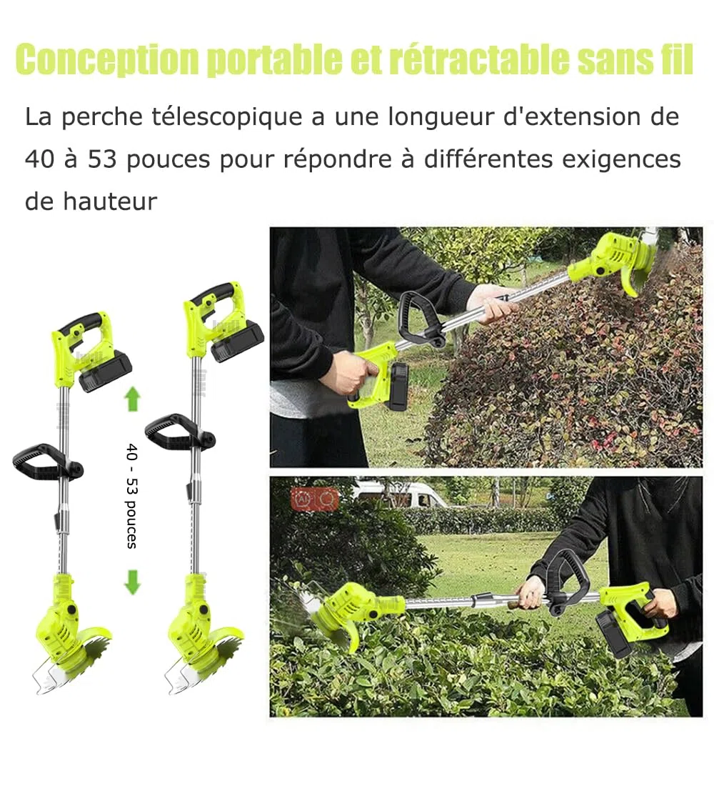 Coupe Bordure sans Fil avec Batterie 21V Debroussailleuse Electrique sans Fil avec 2 Batteries de 2,0 Ah et 650W Debrouissalleuses Batterie avec Moteur de 6 000 TR/Min, Efficace et Facile