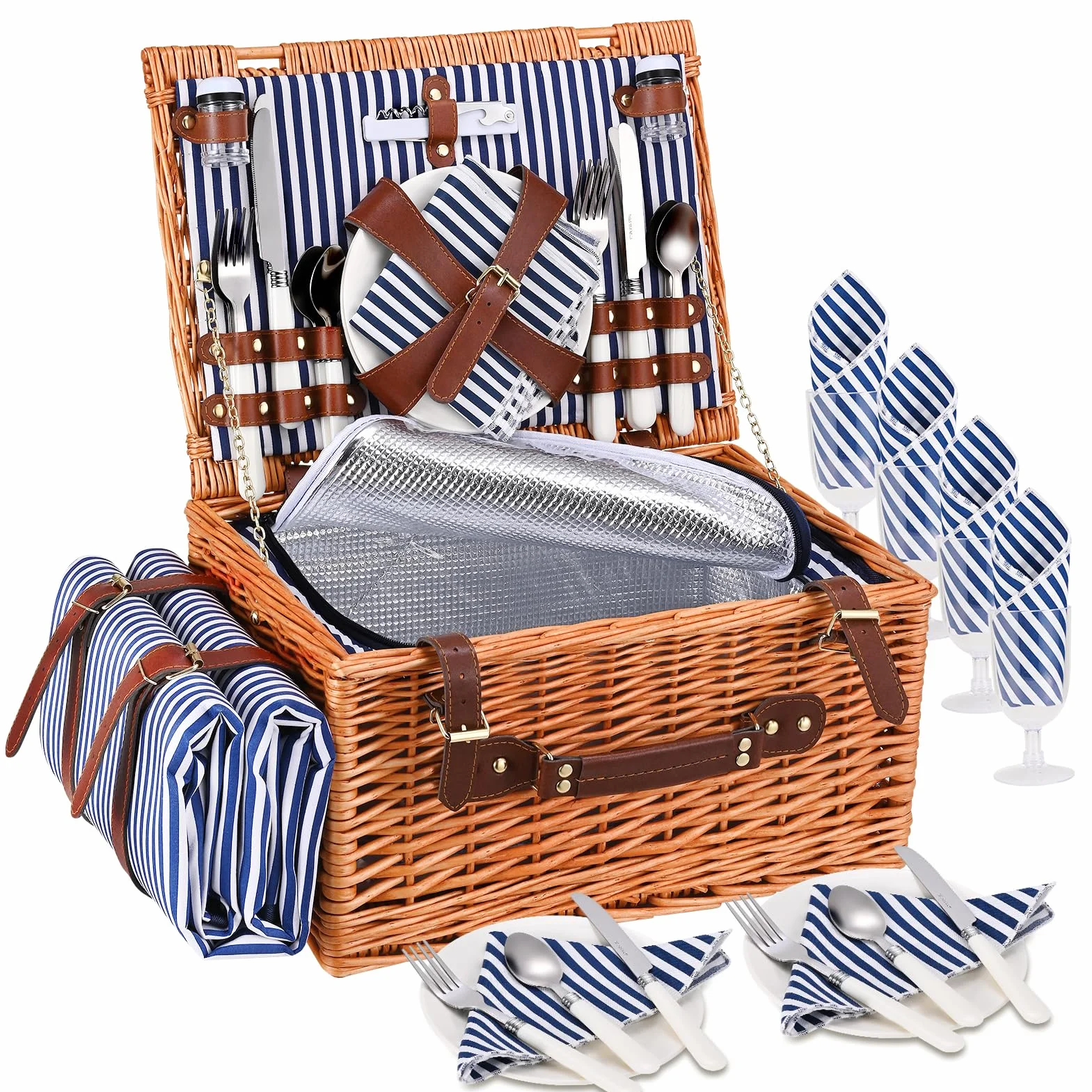 Panier de Pique-Nique en Osier pour 4 Personnes, avec Compartiment Isotherme, Couverture Imperméable, Couverts, pour Camping, Fête en Plein Air, Randonnée (Bleu, Boucles en Cuir)