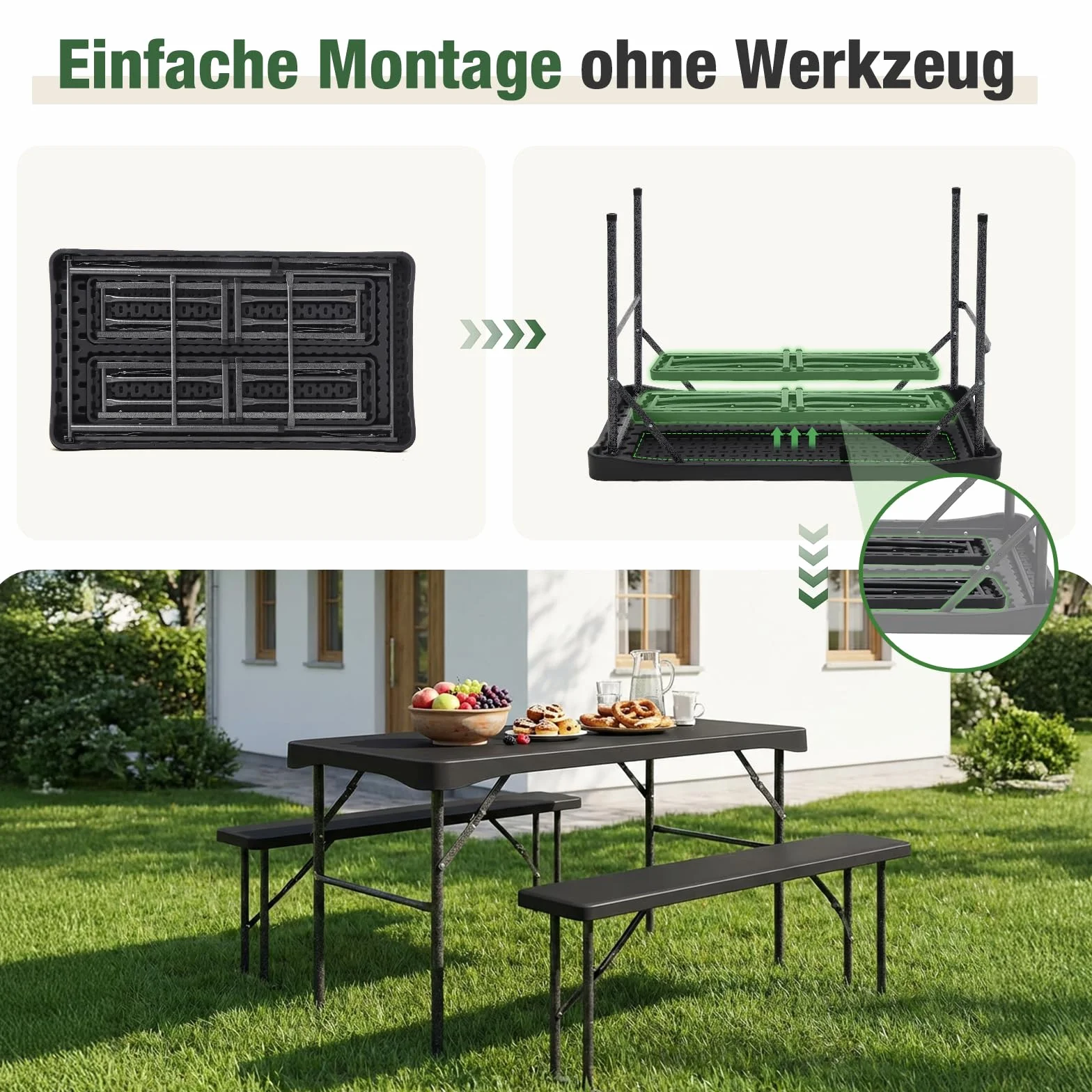 Sekey Ensemble de tentes à bière Pliables en Plastique - 113 x 61 cm - avec 2 bancs pour 4 Personnes - Ensemble de chapiteau pour l'intérieur et l'extérieur - Table à bière de Jardin (Noir)