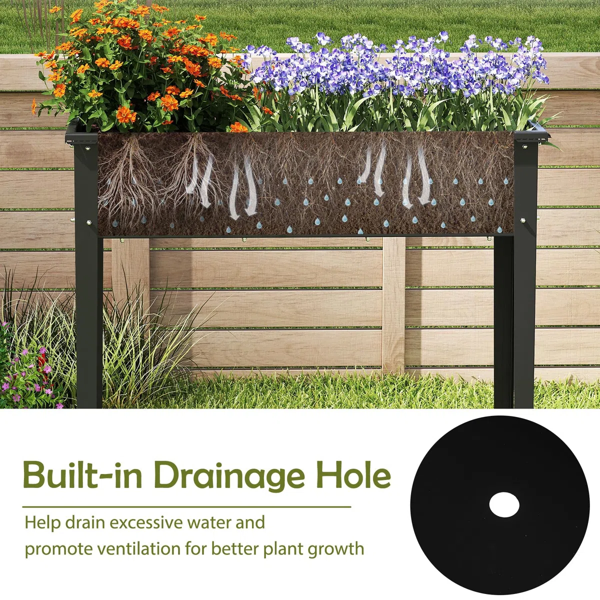HOMASIS Jardinière sur Pieds en Métal, Jardinière Surélevé avec Trou de Drainage, Potager Surélevé Rectangulaire pour Balcon, Jardin et Terrasse (Noir, 100 x 40 x 80 cm)