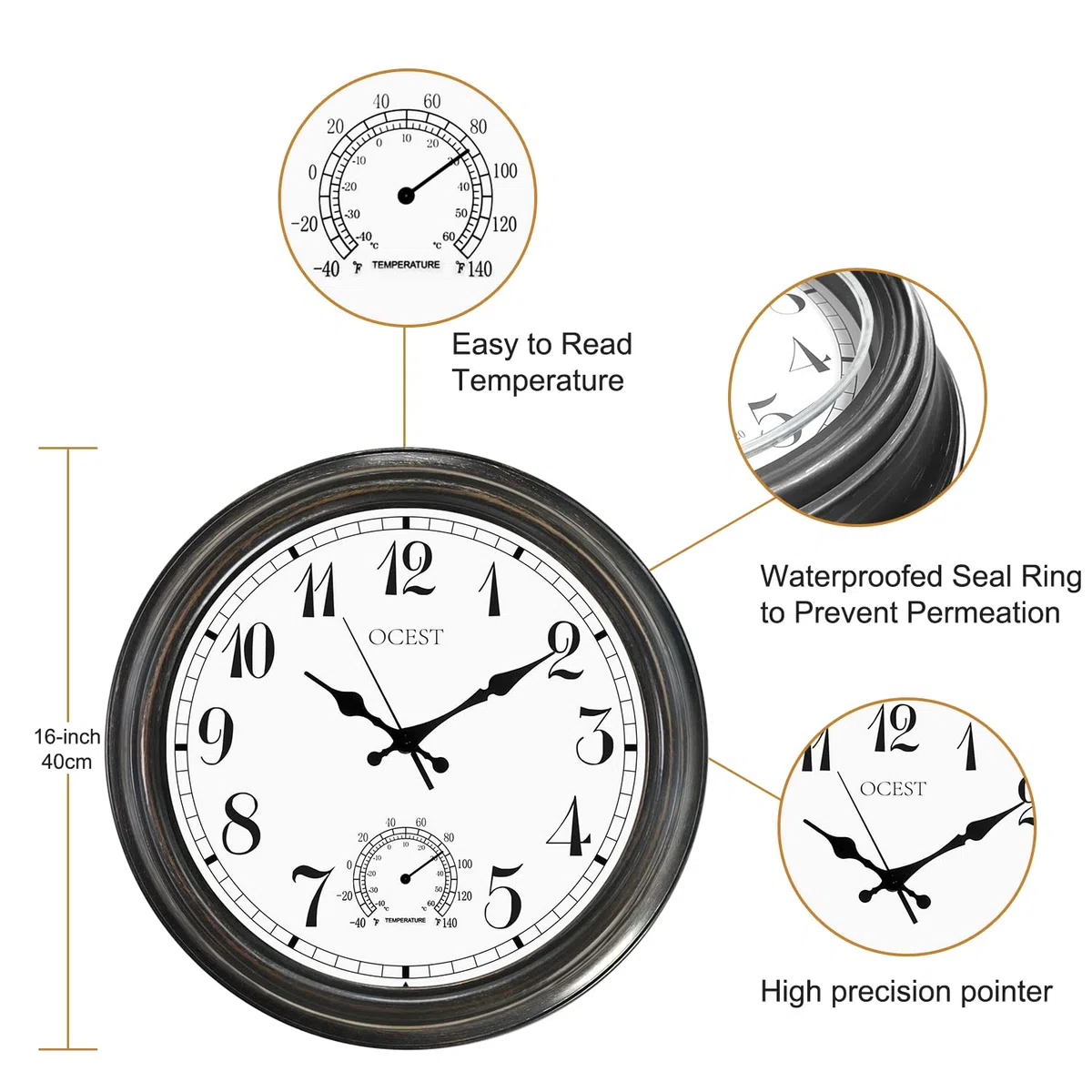 OCEST Grande horloge murale d'extérieur et d'intérieur,Étanche,Avec thermomètre,Résistante aux intempéries,Sans tic-tac,À piles,Pour terrasse, piscine, lanai, clôture, porche, salle de bain,40.6 cm