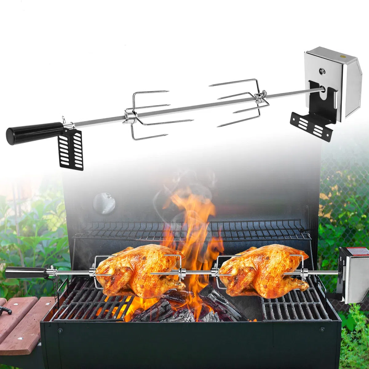 Kit ACXIN de tournebroche en acier inoxydable 107 cm, moteur, aiguilles à viande, rôtissoire électrique, grille de cuisson 2 fourchettes, camping, fête, jardin