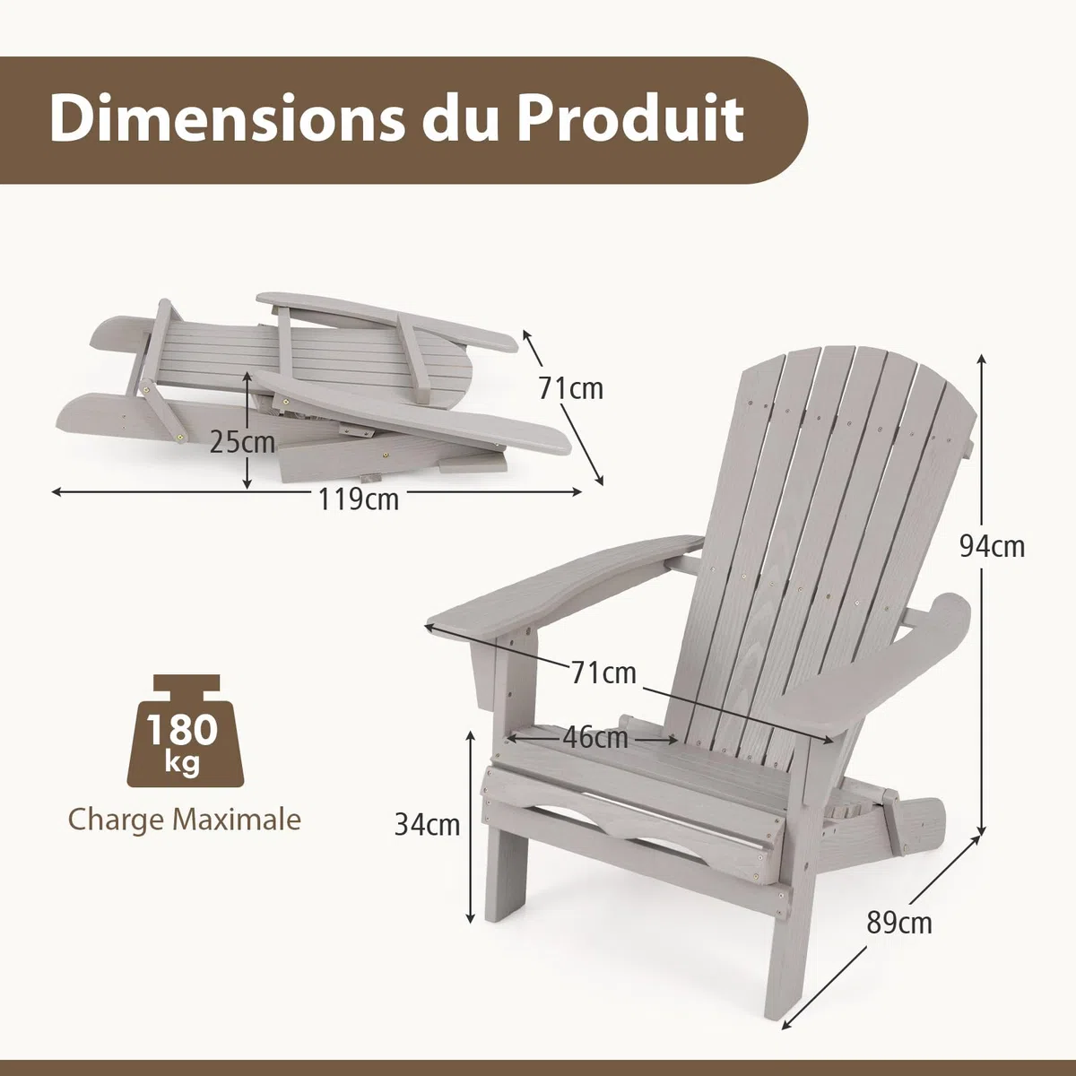 GOPLUS Chaises Adirondack, Chaise d'Extérieur Pliable avec Cadre Bois Massif, Dossier Incurvé et Accoudoirs Larges, Max.180 Kg, pour Terrasse, Jardin, Piscine (89 x 71 x 94 cm, Gris,1)