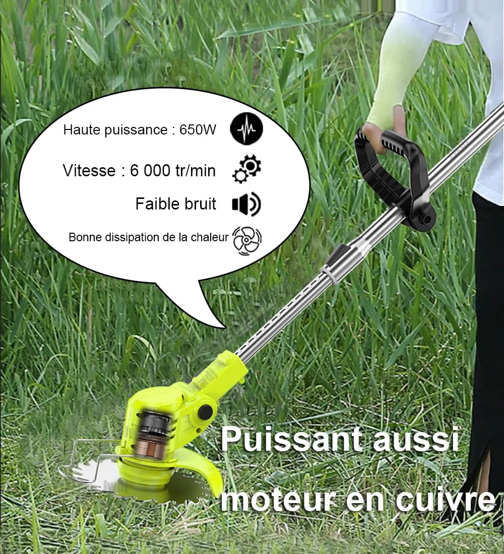 Coupe Bordure sans Fil avec Batterie 21V Debroussailleuse Electrique sans Fil avec 2 Batteries de 2,0 Ah et 650W Debrouissalleuses Batterie avec Moteur de 6 000 TR/Min, Efficace et Facile