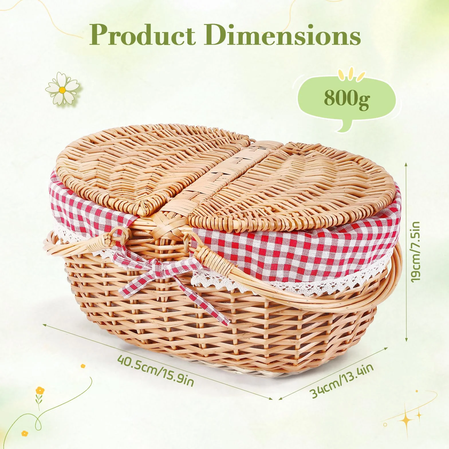 Wicker Picnic Basket Panier Pique Nique, Grand Panier de Rangement avec Double Couvercle Rabattable & Anse Pliable, Panier Tressé Portable pour Pique-Nique en Plein Air, Camping, Courses, Hiking, BBQ