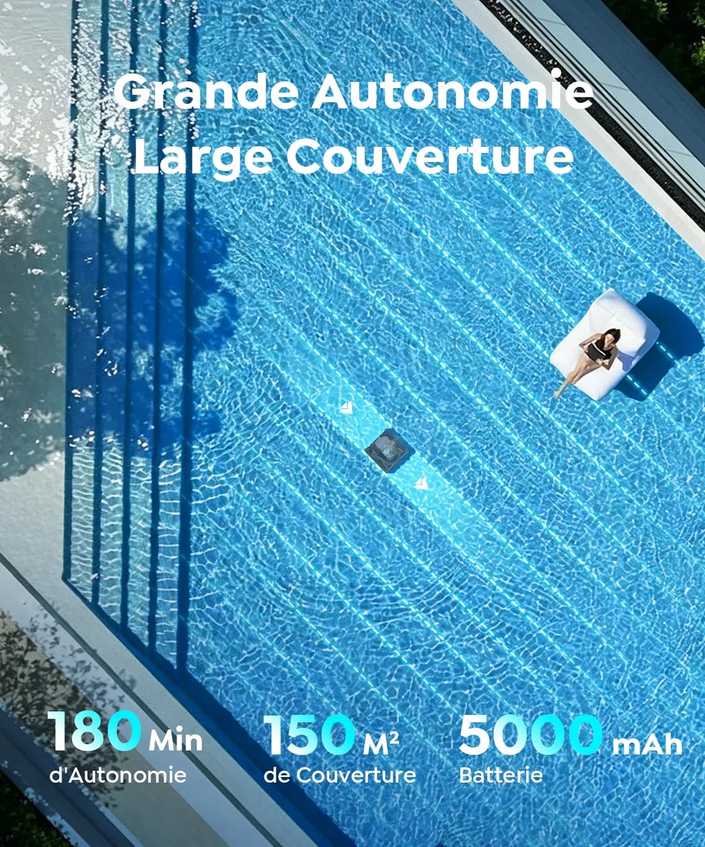 C1 Robot Piscine Fond et Parois (2026 Nouv) | Double filtration, 180 min, 7 modes, App, max 150 m², facile à sortir de l'eau, pour eau douce et salée