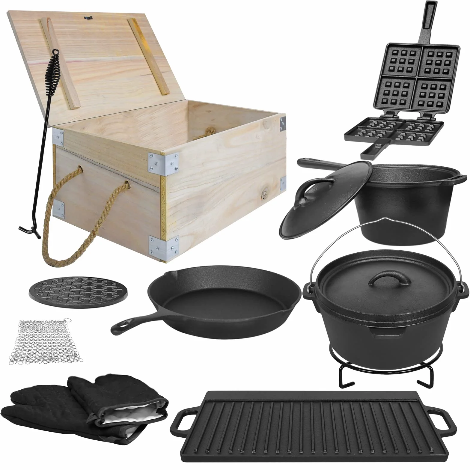 LZQ Lot de 12 fours en néerlandais dans une boîte en bois, avec accessoires de barbecue et pot en fonte de 3,6 l,plaque de cuisson,poêle à frire,casserole à manche,gaufrier en fonte, lève-couvercle