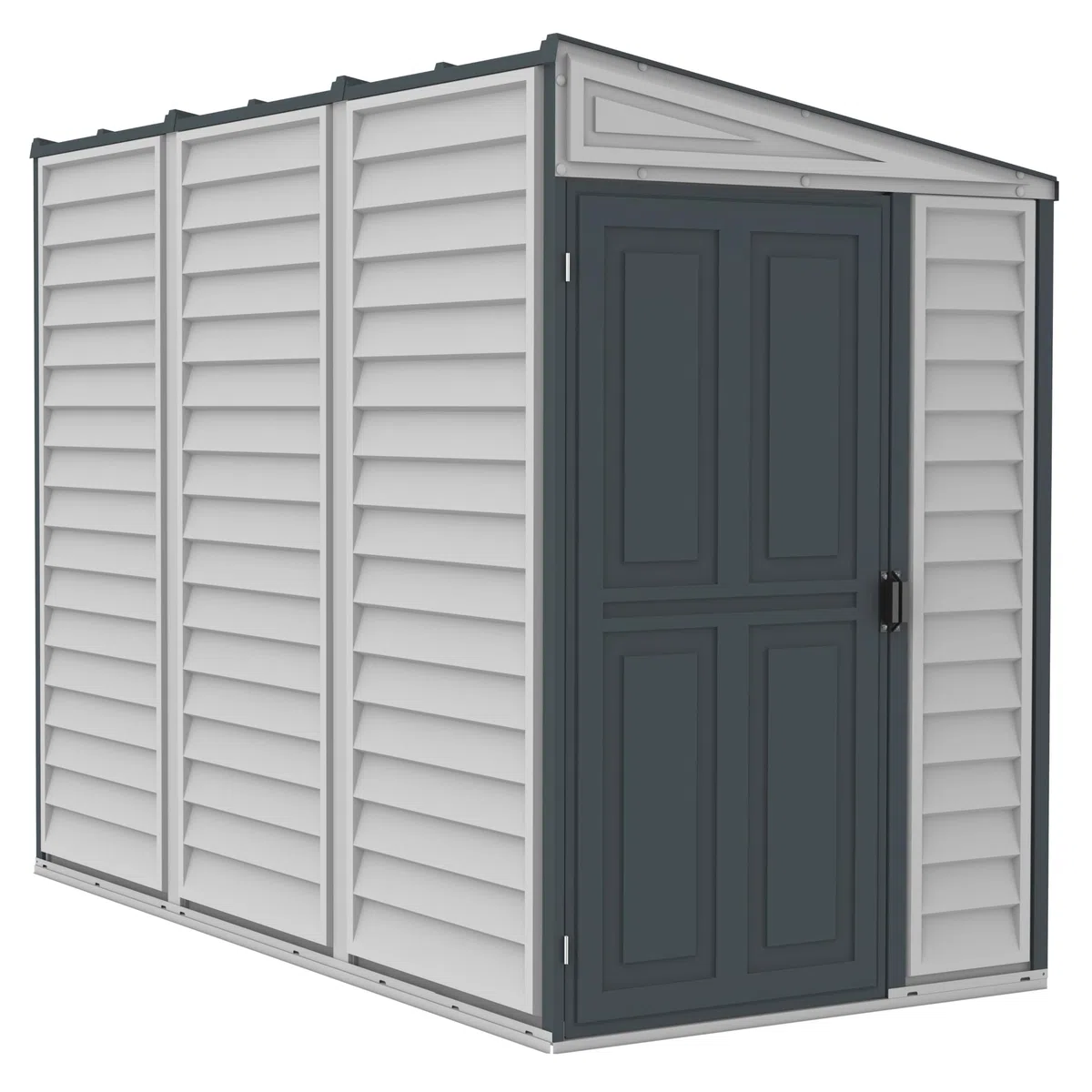 Duramax SideMate PLUS 4 x 8 (2.91 m²) abri de jardin en plastique avec kit de fondation en métal, porte réversible, structure de toit en métal robuste, abri en vinyle sans entretien, Gris foncé/ Adobe