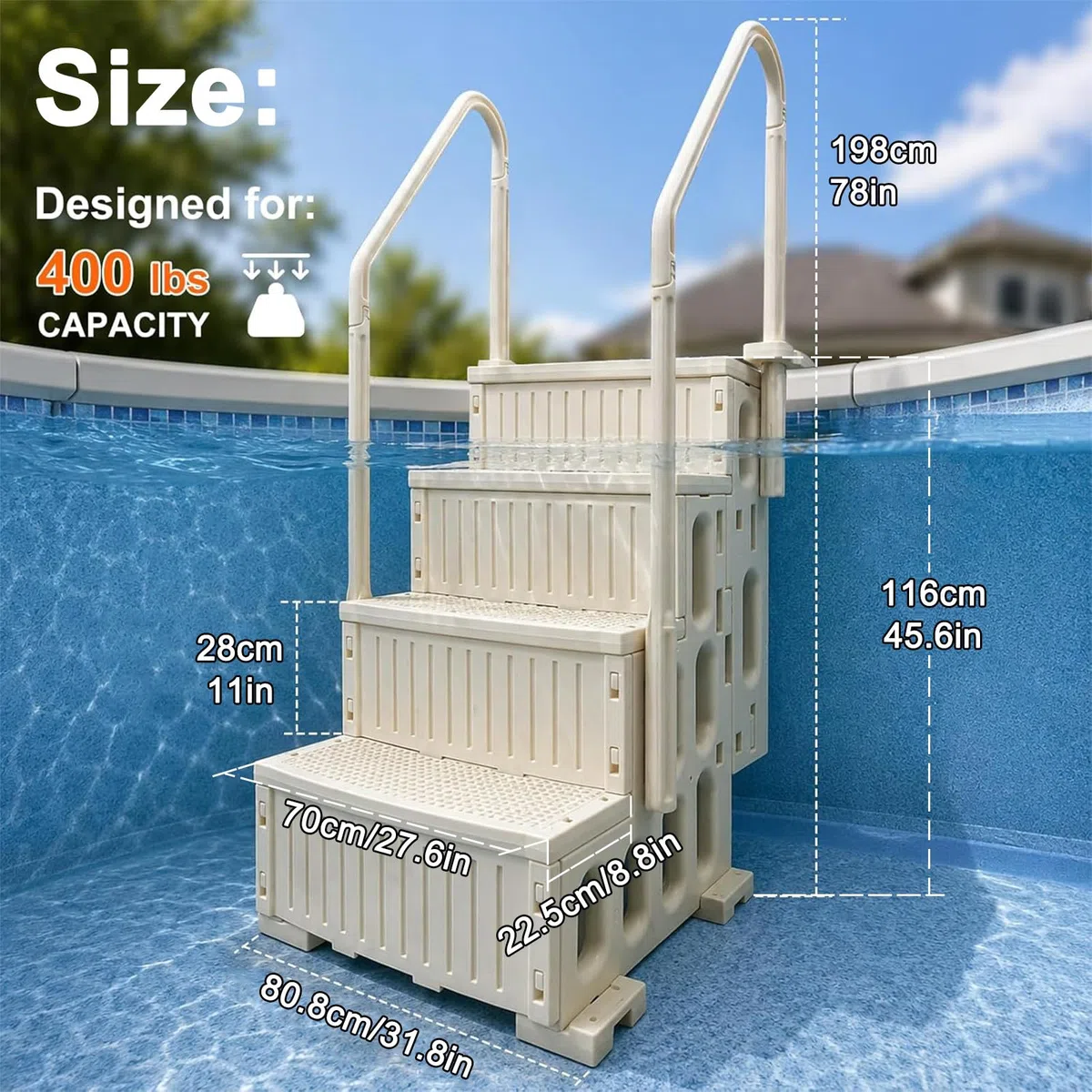 échelle de Piscine Hors Sol à pour Piscines de 116 à 152 cm | Accessoires de Piscine Antidérapants Comprenant Des Supports de Fixation pour Terrasse, Capacité de Charge de 180 kg