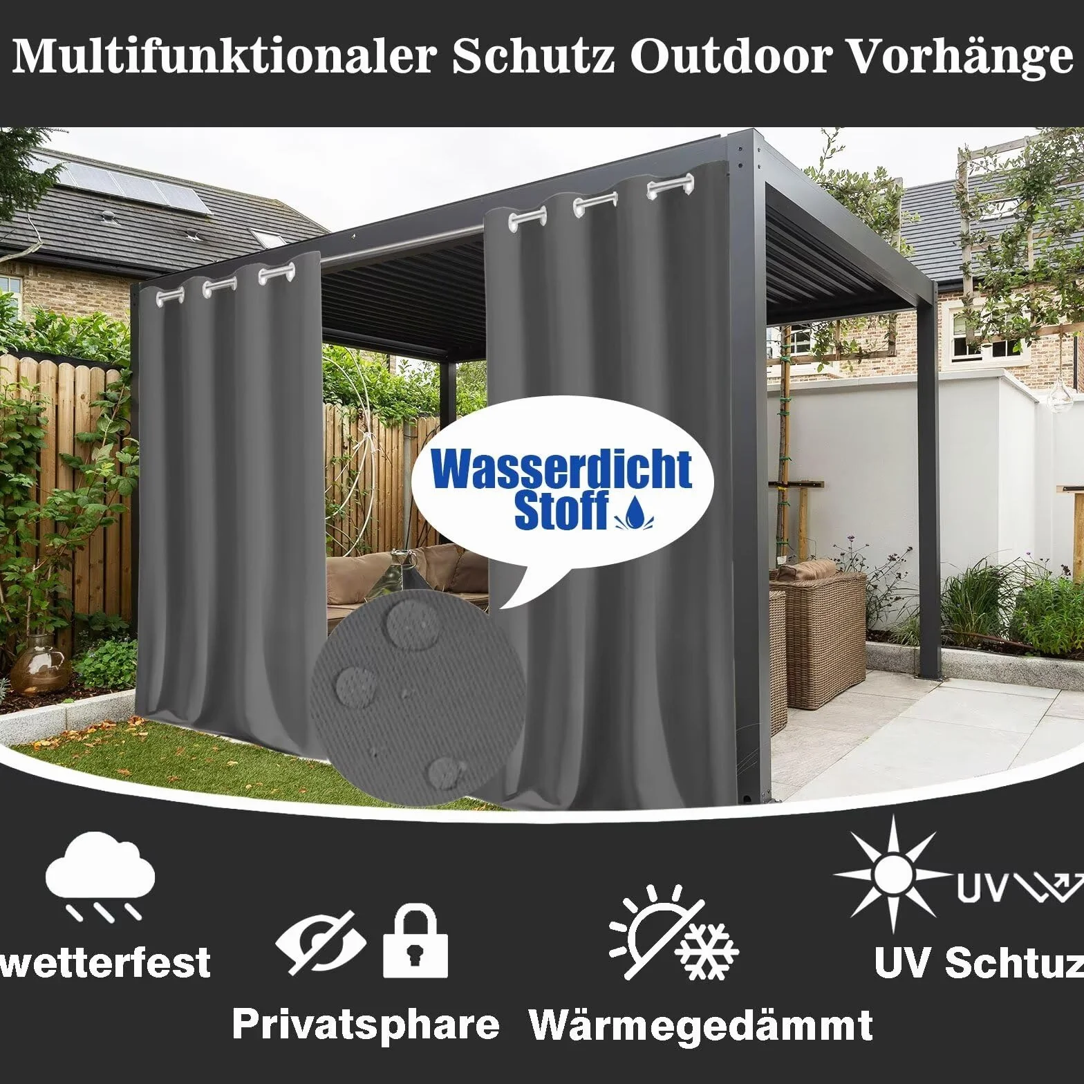 Rideau Exterieur Impermeable 240x190cm Occultant Hydrofuges Isolation Thermique à Oeillets Polyester Rideau Occultant Exterieur pour Balcon Patio Jardin Véranda Tonnelle Gris Foncé
