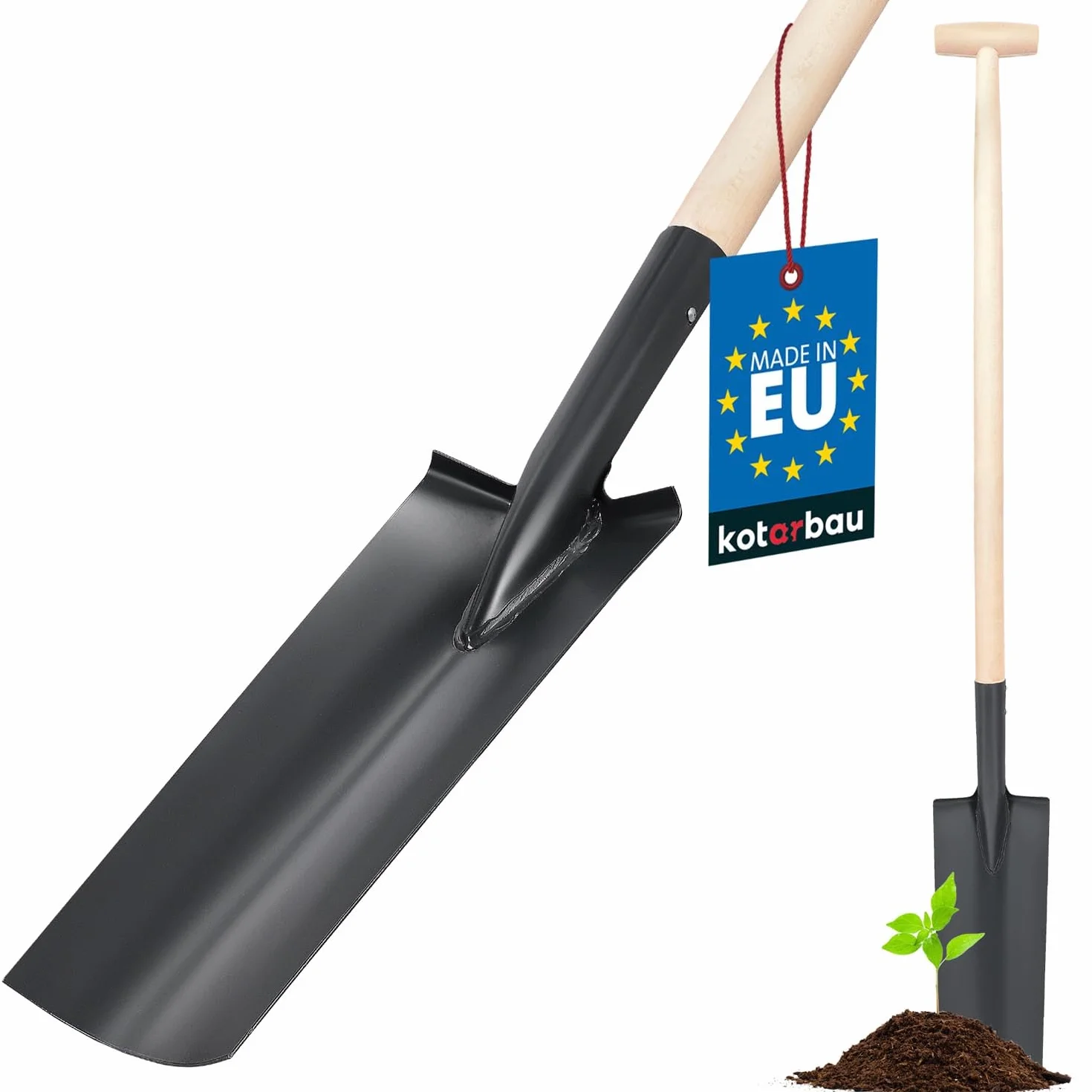 KOTARBAU Pelle de drainage 380 x 147 mm pour manche de 38 mm de diamètre - Lame en acier longue étroite pour transplantation avec manche en bois