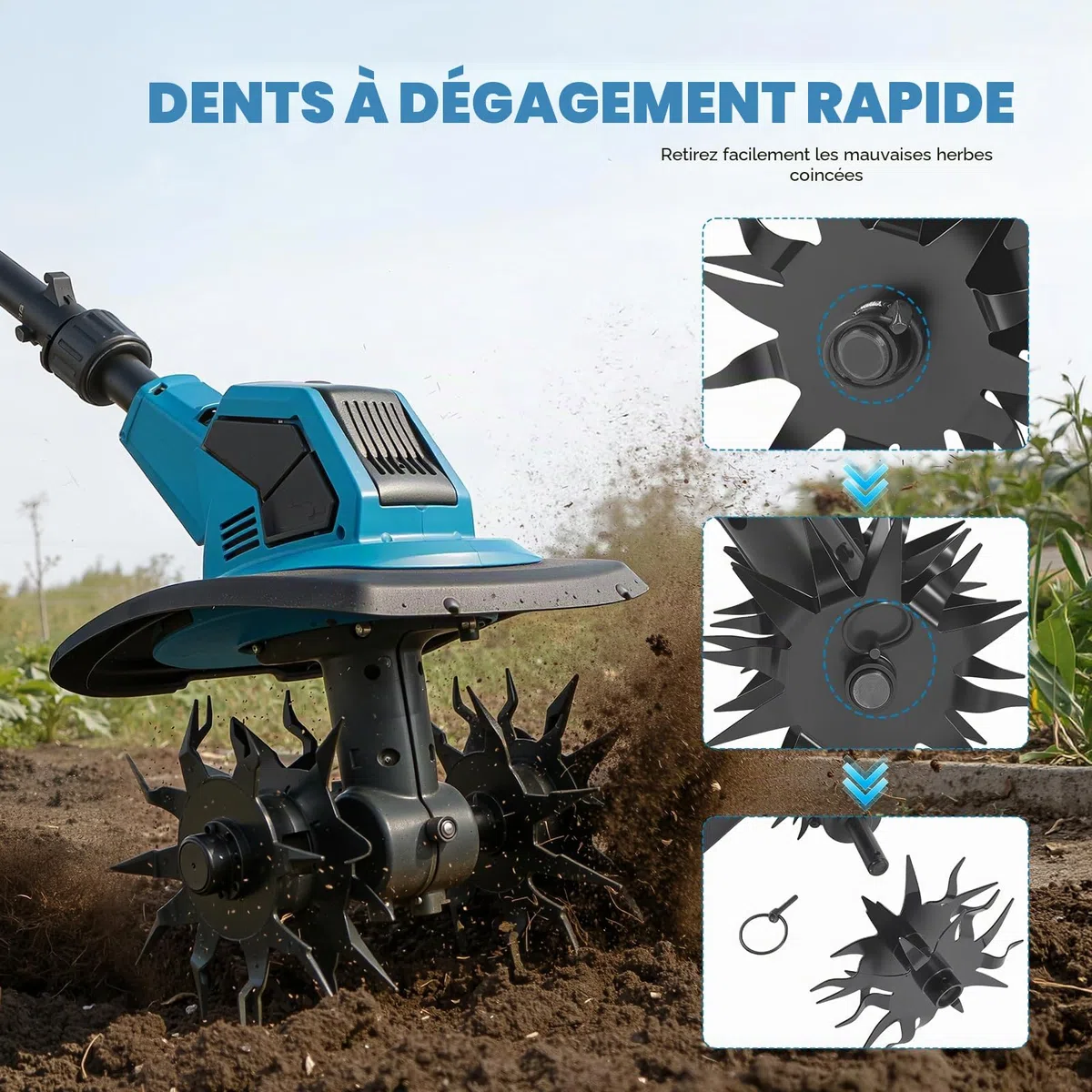 Motobineuse Électrique avec 2 Batteries 4000mAh, Rotavator Jardin sans Fil 360RPM, Motoculteur Portable pour Jardin et Potager, Profondeur 17cm, Largeur 23cm
