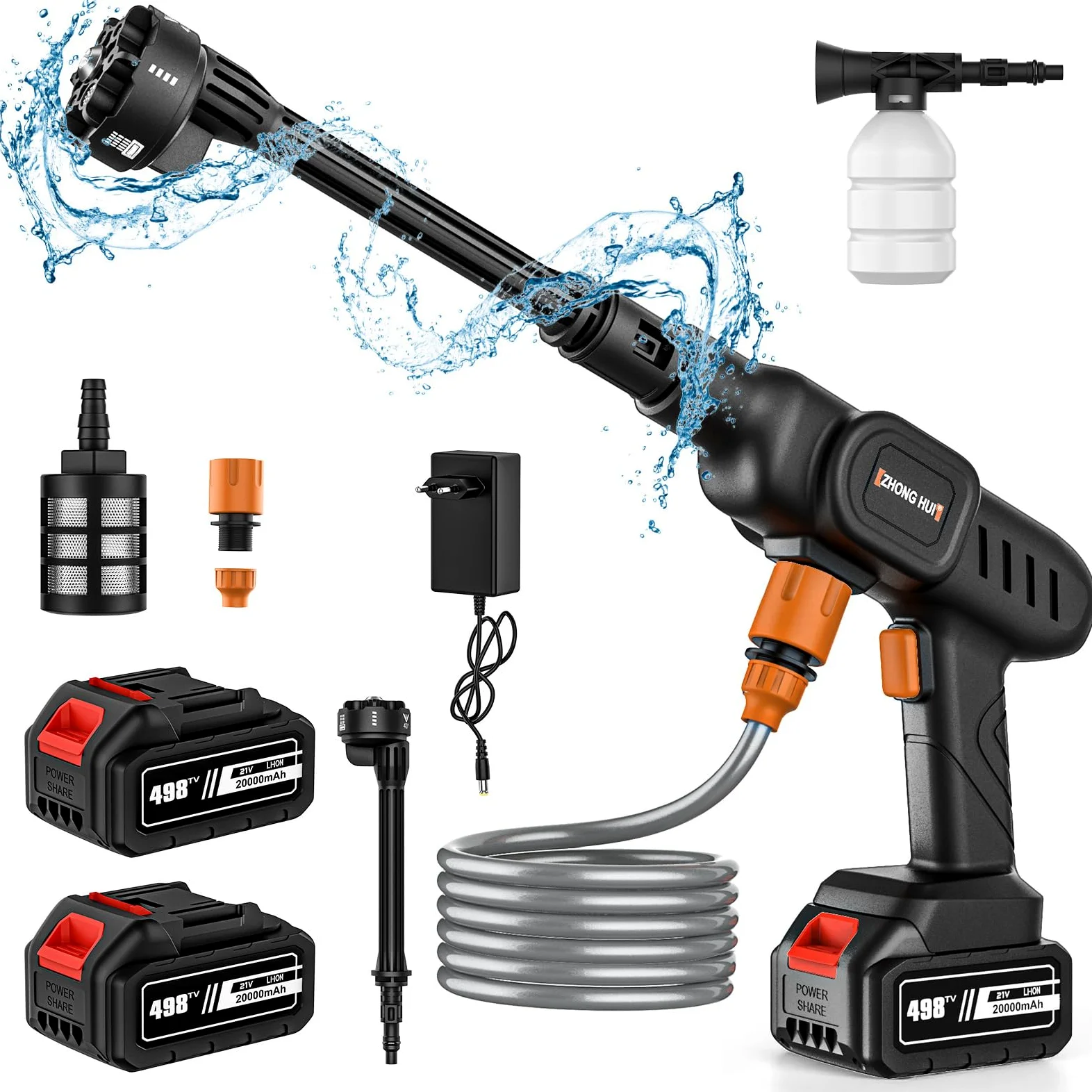 Nettoyeur Haute Pression sans Fil 6 en 1 21V 20000mah, Pistolet Lavage Voiture 40bar, Alimenté par Batterie Rechargeable Auto-AmorçAnt, pour Nettoyage Auto, Jardin, Usage Domestique (A)