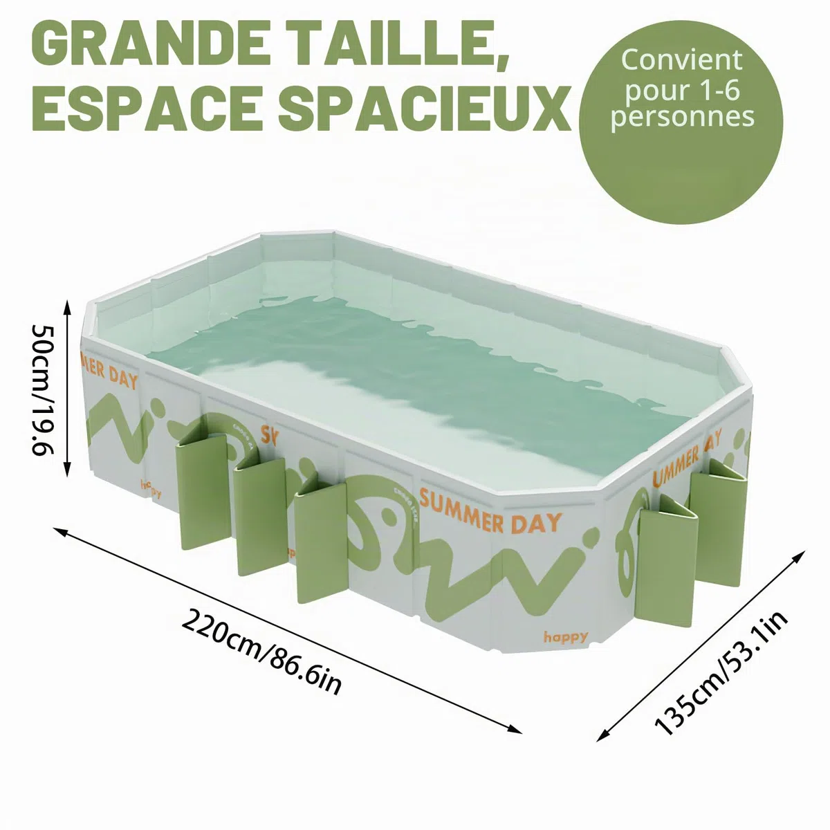 Piscine Pliable 220x135x50 cm - Piscine Hors Sol pour Enfants et Adultes, Grande Piscine Portable avec Double Vidange, Facile à Nettoyer et Gain de Place, Idéale pour Jardin, Terrasse, Plage et Fêtes