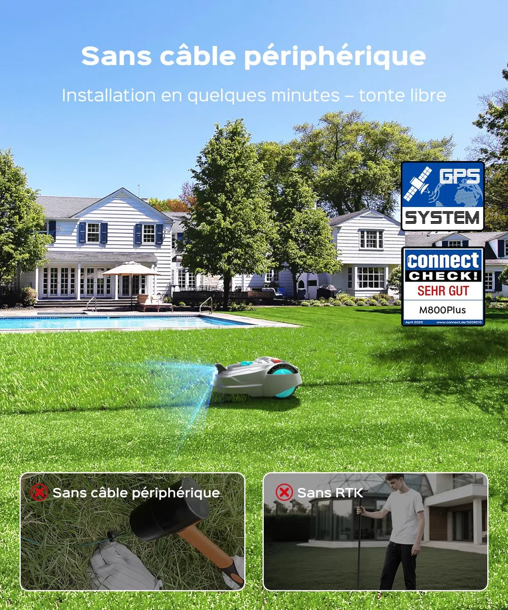 YARDCARE M800Plus Robot Tondeuse Sans Fil Périphérique,jusqu'à 800 m²,Positionnement GPS +Vision, Tondeuse Robot Sans Câble,Mode de Tonte en U,Contrôle Via App,Recharge Automatique,Détection Obstacles