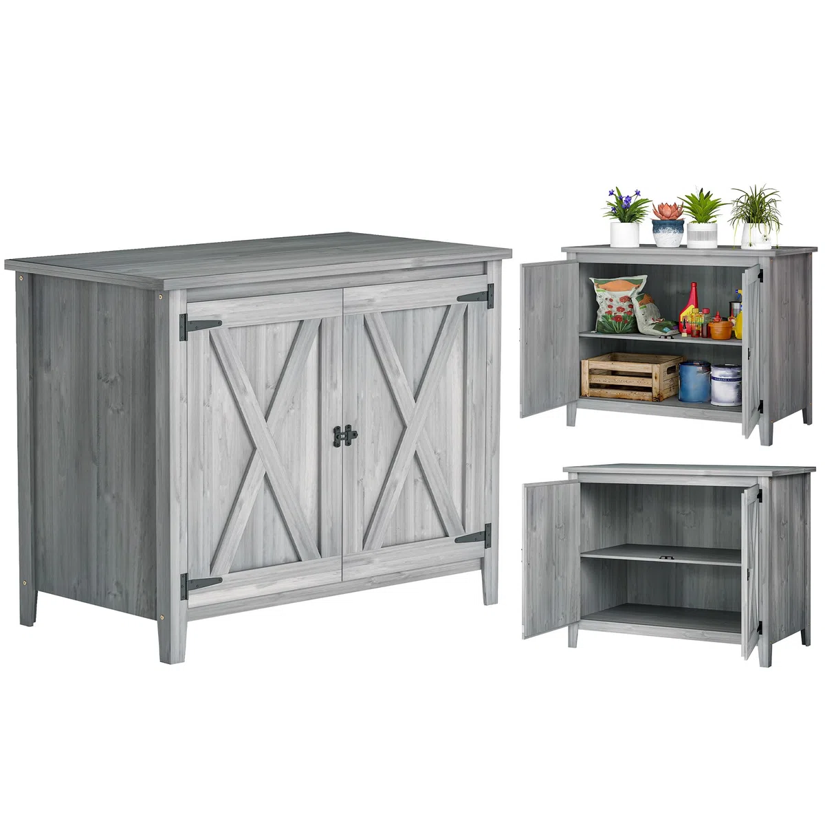 Outsunny Armoire de Jardin en Bois, Placard de Jardin en Bois avec Étagères et Double Portes, Armoire à Outils, 110 x 60 x 88,5 cm, Gris Clair