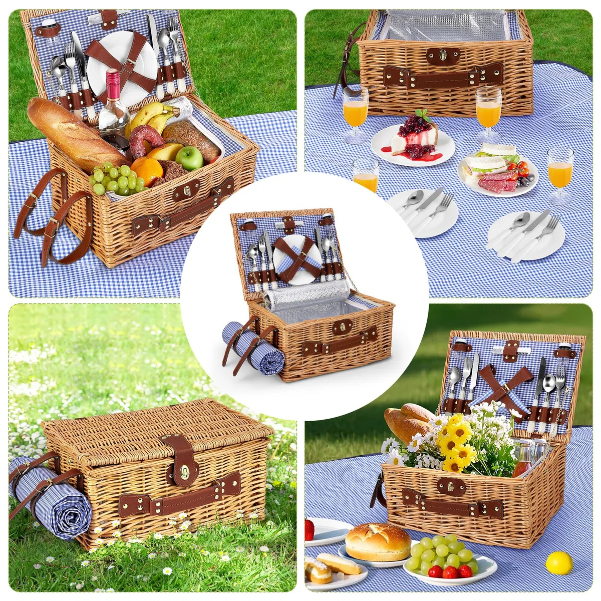 Panier de pique-nique pour 4 personnes, fait à la main, avec couverture de pique-nique, 4 ensembles d'ustensiles, couverts parfaits pour les pique-niques