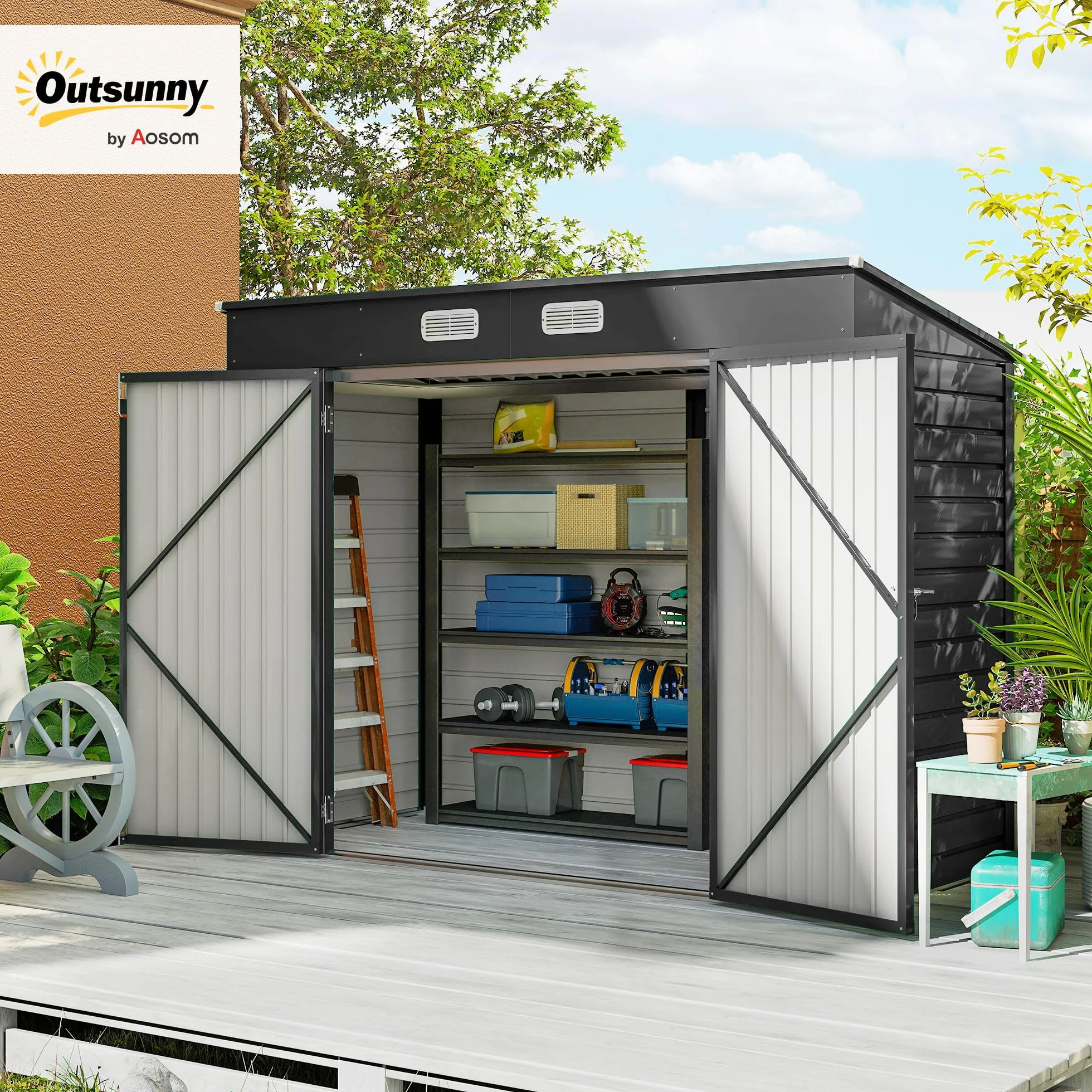 Outsunny Abri de Jardin en Métal 3 m², Cabane de Jardin 249x121x183cm, Structure en Acier Galvanisé Améliorée, Cabanon Rangement Outils, Gants, Portes Verrouillables, Aérations, Gris