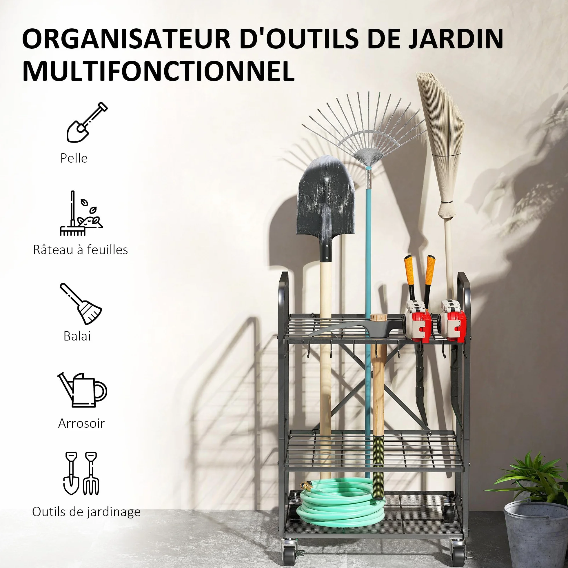 Outsunny Organisateur d'outils de Jardin avec 9 Crochets, Support à Outils de Jardin 40 Compartiments, Porte-Outils de Garage en métal sur roulettes pour sécateurs, pelles, râteaux, Noir
