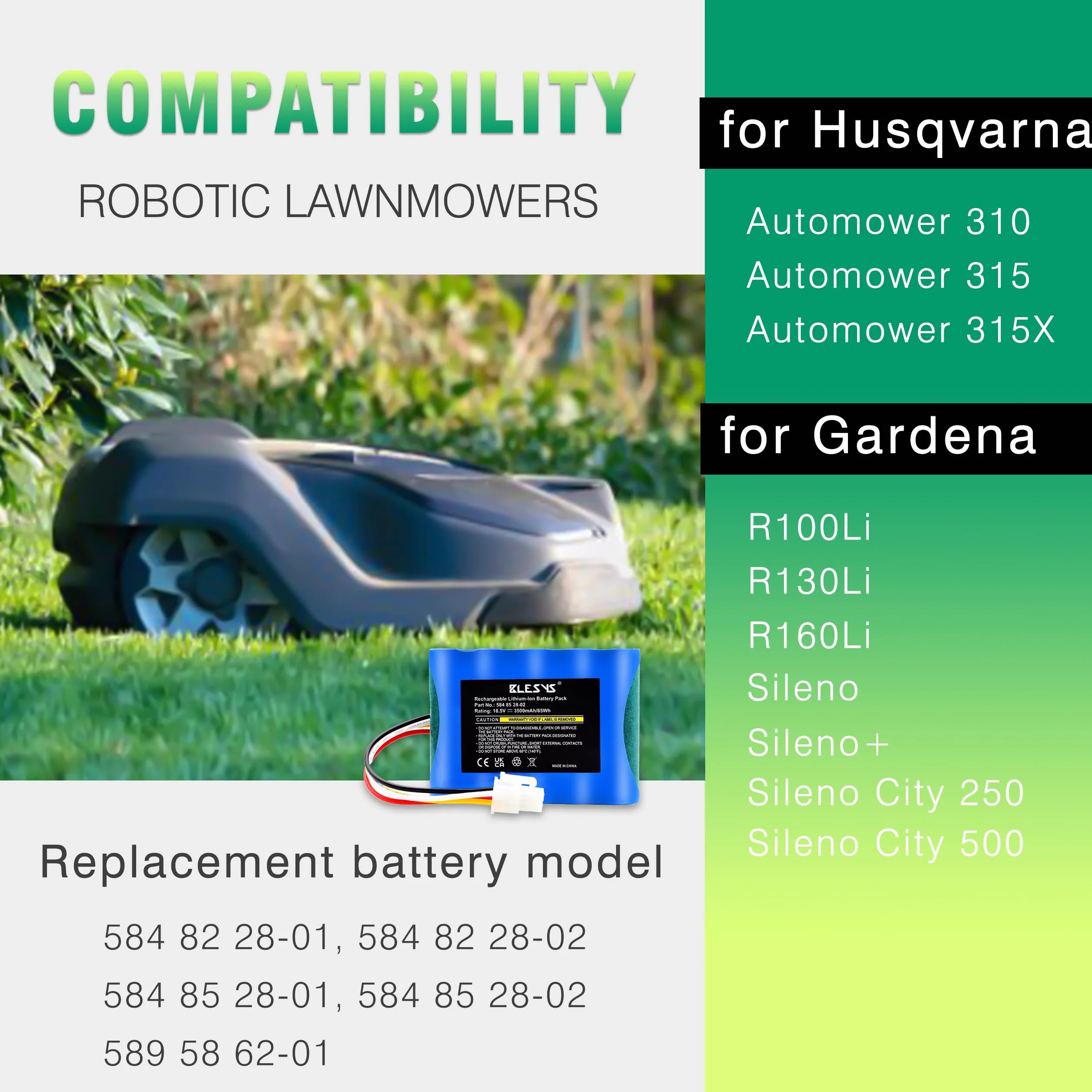 BLESYS 3500mAh Batterie pour Husqvarna Automower 310 315 315X Batterie Robot Tondeuse à Gazon Modèle 584 85 28-02 Compatible avec Gardena Sileno City 250 500 R100Li R130Li R160Li [18,5 V 65 Wh]