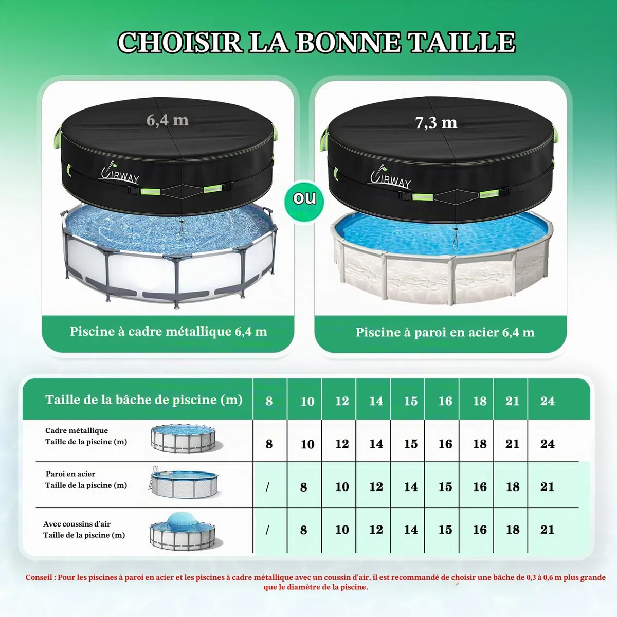 UIRWAY 640 cm Couverture de Piscine Ronde avec Bandes réfléchissantes, Couverture de Piscine pour piscines Hors Sol, Couverture Solaire incluant Une Corde d'attache et des Clous Lumineux au Sol