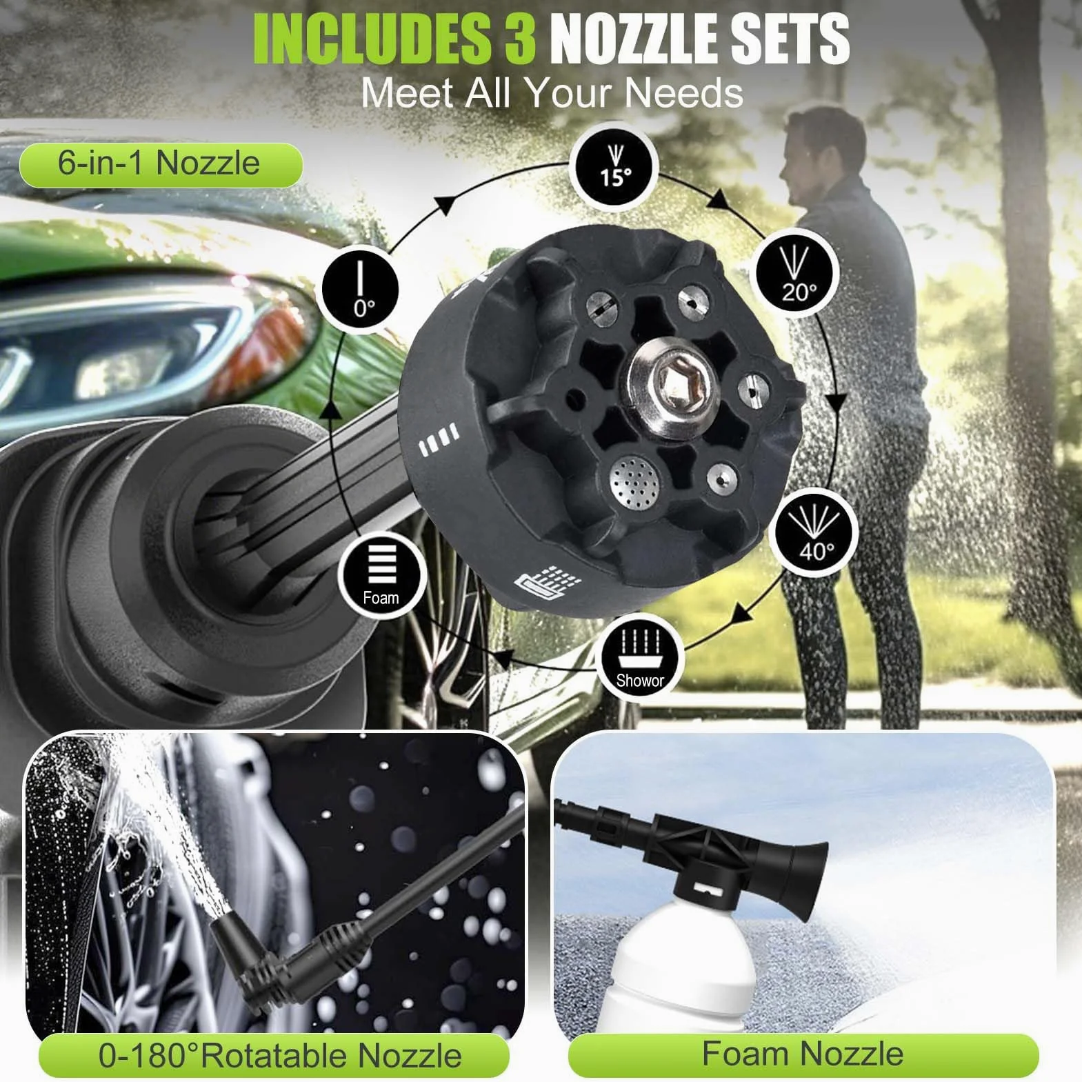 Nettoyeur Haute Pression sans Fil, Nettoyeur Haute Pression sur Batterie Portable 60 Bars avec 2 Batteries 4,0Ah (IPX7), Tuyau de 8.5M, 6-en-1 Buse, Rotative Buse, 3 Niveaux Réglables