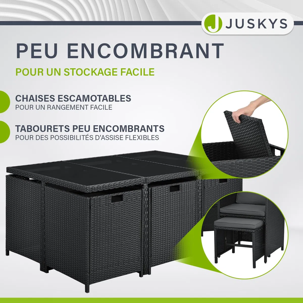 Juskys Groupe de sièges en polyrotin Baracoa XL 11 pièces résistant aux intempéries et empilable - Ensemble de mobilier de Jardin avec 6 chaises, 4 tabourets et Table - Noir, 10 Personnes