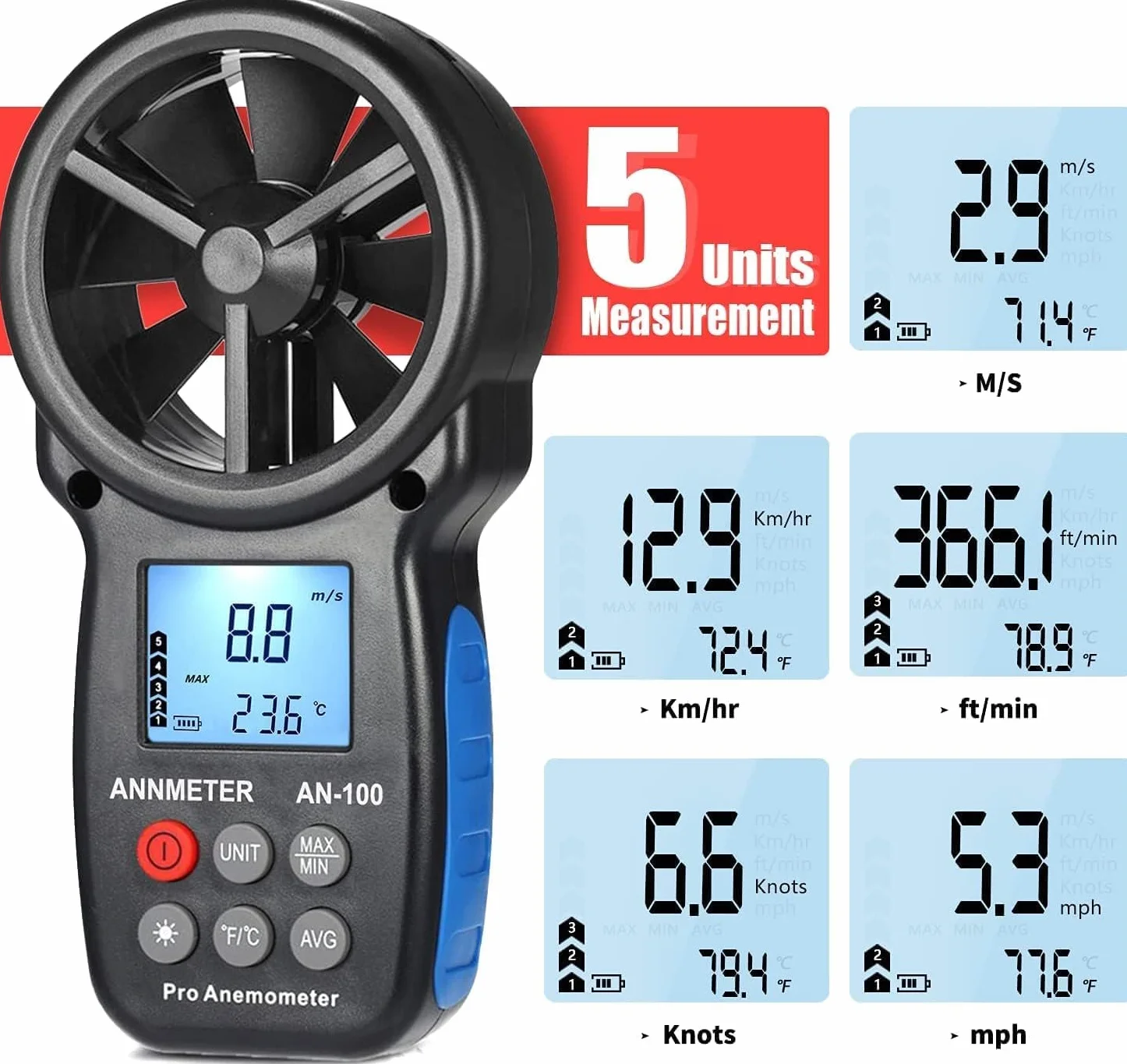 Anémomètre Portable Vitesse du Vent, AIOMEST Mesureur de Vitesse du Vent 30m/s et Température, Détecteur de Débit d'Air pour CVC Chauffage, Exterieur Drone Voile, Portable Anemometer AI-100 avec Étui