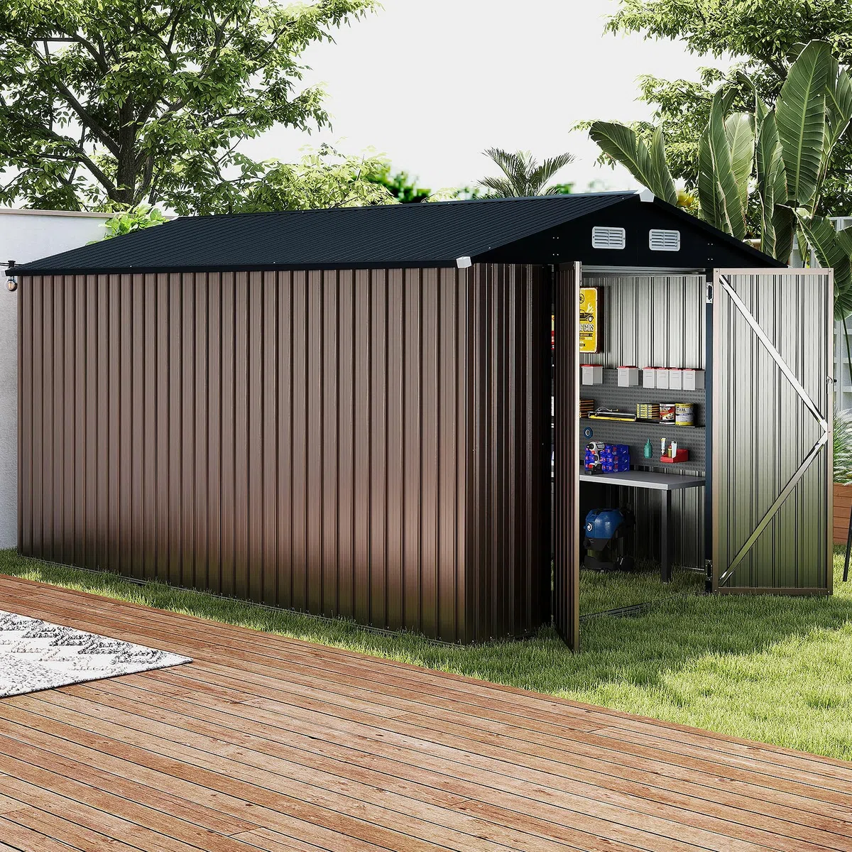 COSTWAY Abri de Jardin Métal 7.8 m², Toit Double Pente, Double Porte Verrouillable avec Clé, 4 Aérations, Cabane de Jardin Exterieur pour Vélo, Poubelle, Outil, Anthracite (7.8 m²)