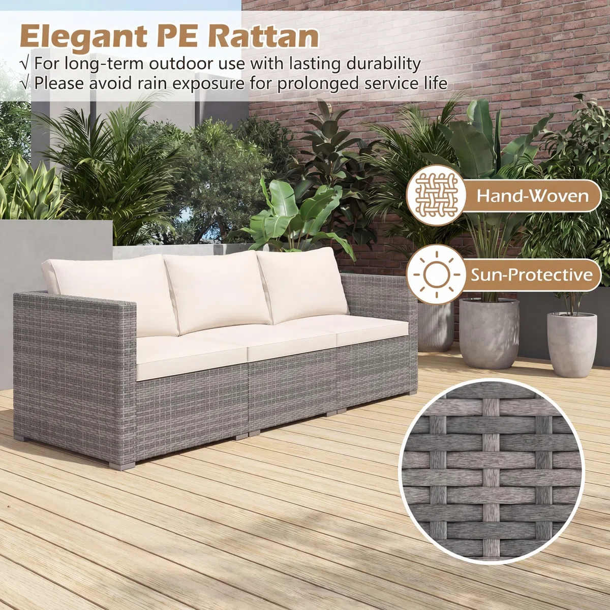 Giantex Ensemble Canapé de Jardin 3 Pièces, Canapé Extérieur en Rotin PE, Coussins Rembourrés, Salon de Jardin Exterieur pour Patio, Véranda, Balcon, 193 x 67 x 61,5 cm, Gris+Blanc