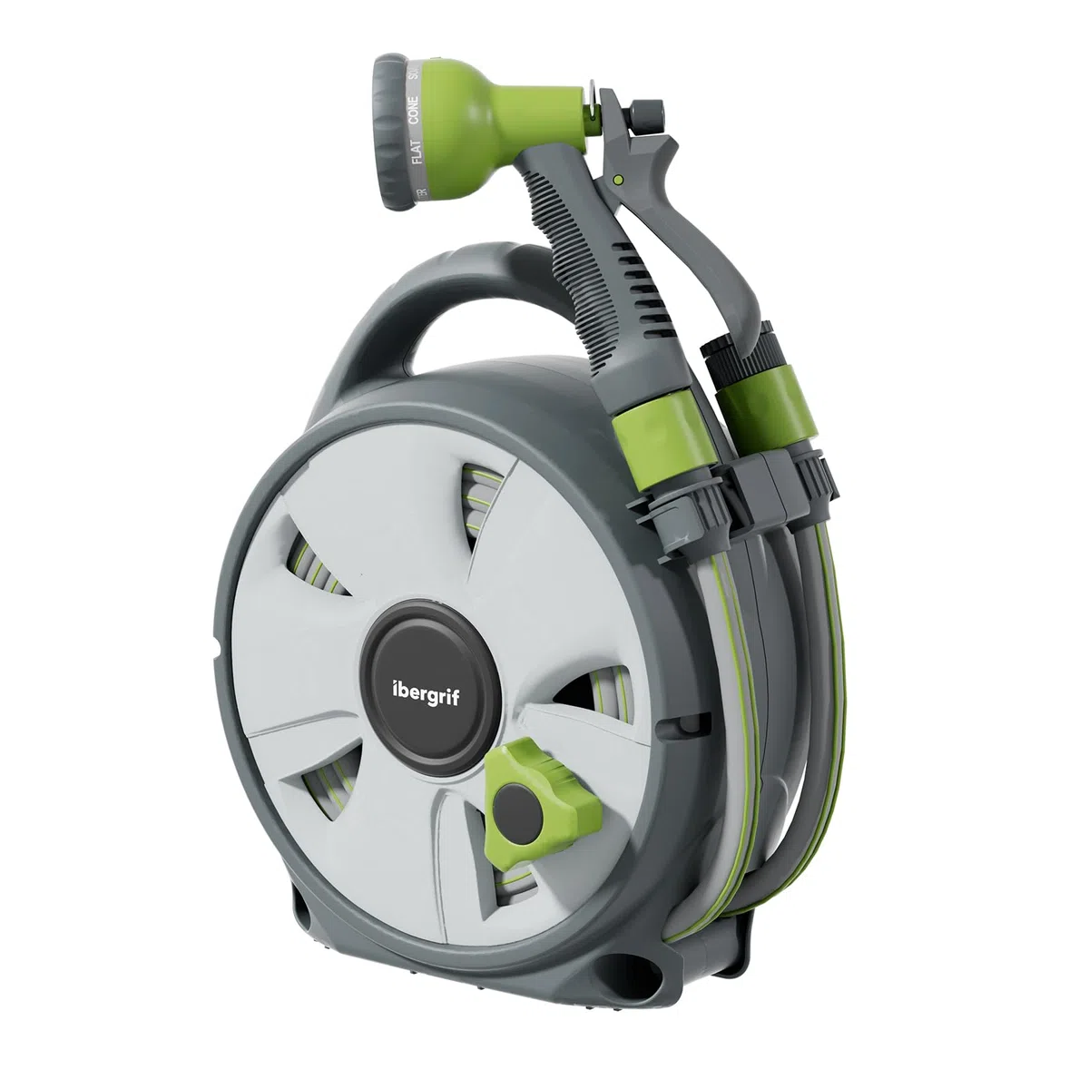 Ibegrif M22220 Enrouleur de tuyau d'arrosage 10m Avec Pistolet d'arrosage à 8 Fonctions, Portable et Facile à Ranger, Gris/Vert
