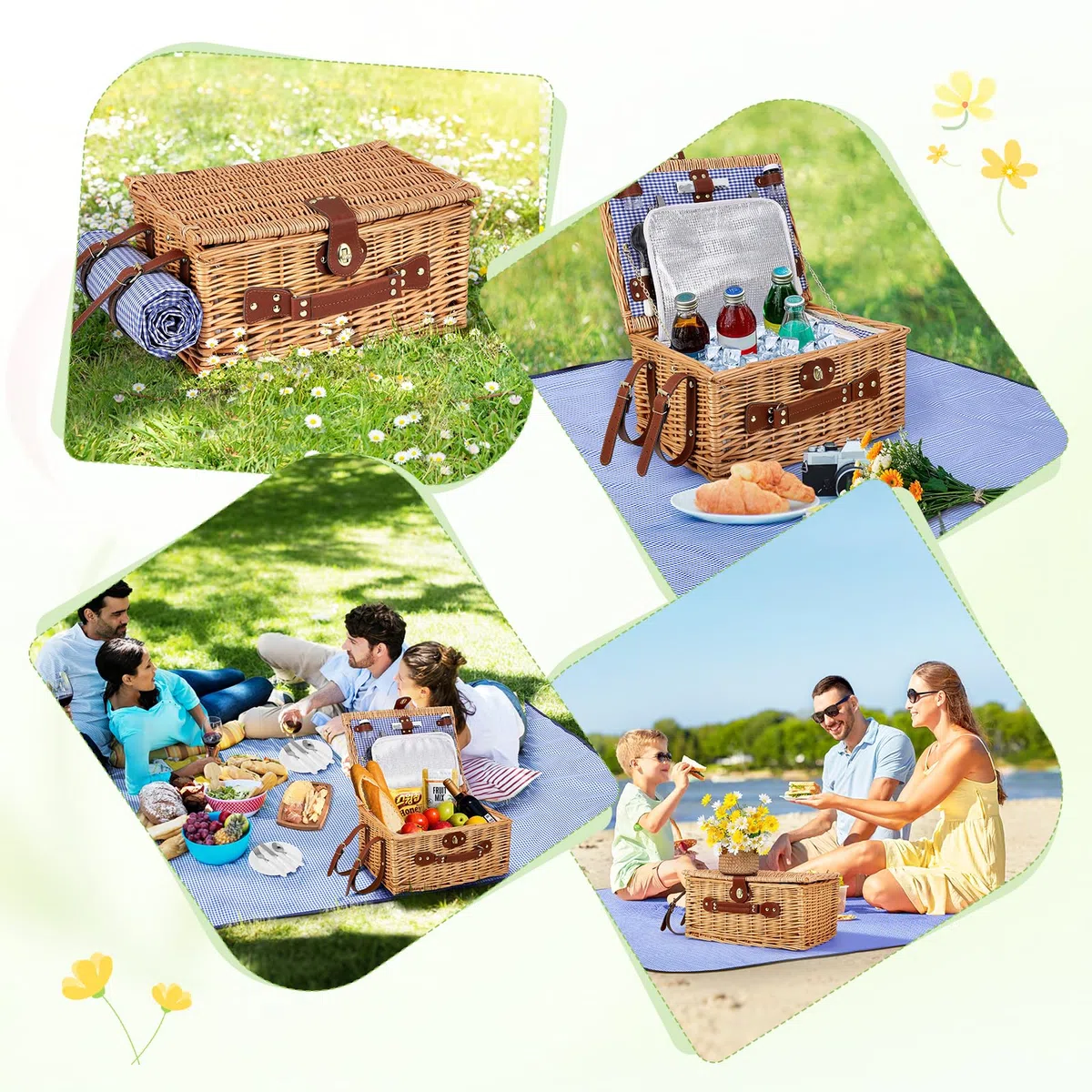 Panier de pique-nique pour 4 personnes, fait à la main, avec couverture de pique-nique, 4 ensembles d'ustensiles, couverts parfaits pour les pique-niques