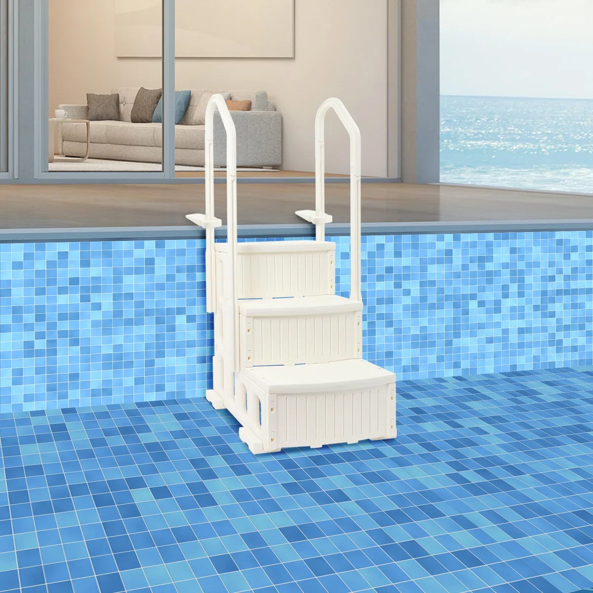 Échelle de piscine 3 marches en plastique jusqu'à 181 kg | Échelle de piscine antidérapante avec main courante - Résistante - Pour piscines hors sol et encastrées - Blanc